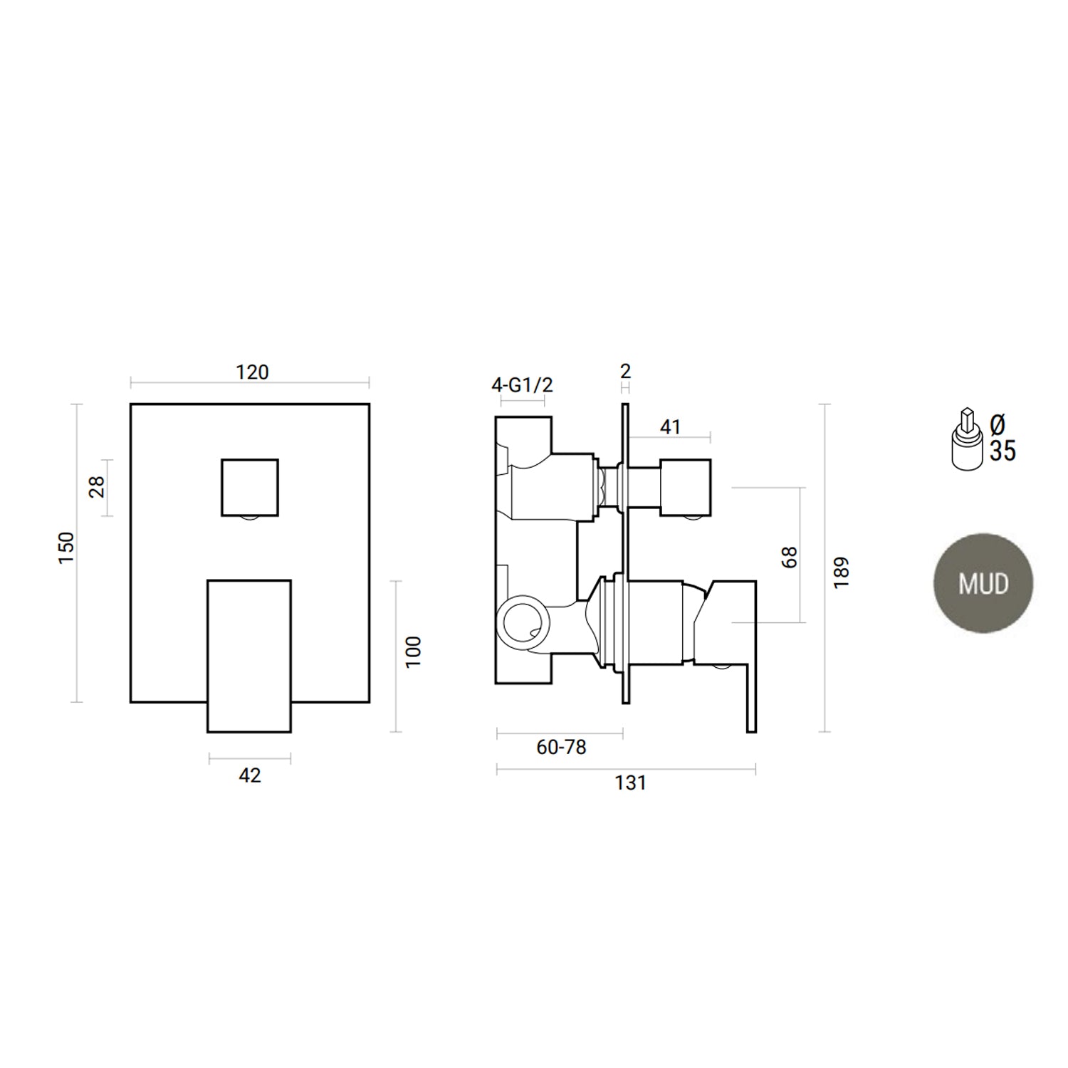 Miscelatore a incasso quadro per doccia con deviatore 2 vie RubiFlux Square Mud - Grigio Fango 2