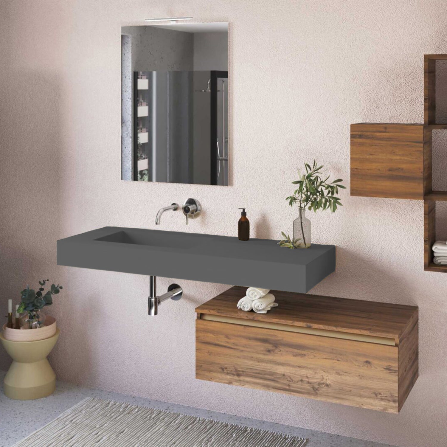 Lavabo a muro 120x51,5 cm con vasca a sinistra BathCore - Antracite