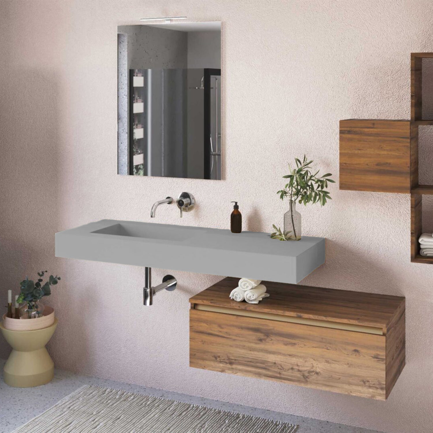 Lavabo a muro 120x51,5 cm con vasca a sinistra BathCore - Grigio