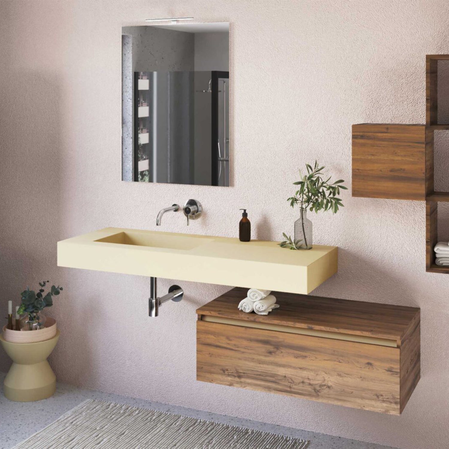 Lavabo a muro 140x51,5 cm con vasca a sinistra BathCore - Sabbia