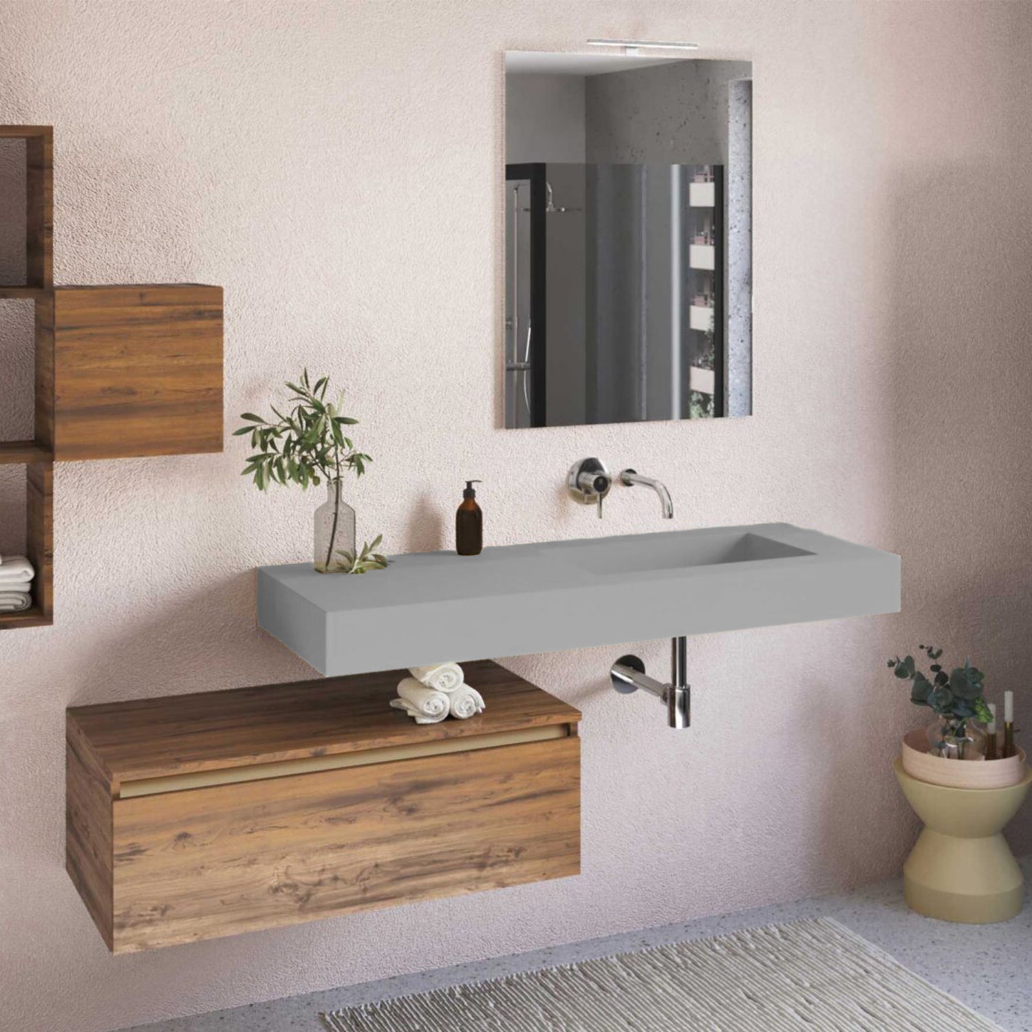 Lavabo a muro 140x51,5 cm con vasca a destra BathCore - Grigio