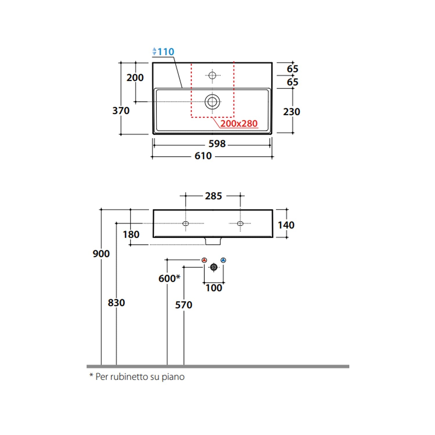 Lavabo da appoggio o sospeso T-Edge 61x37 cm Ceramica Globo - Bianco lucido