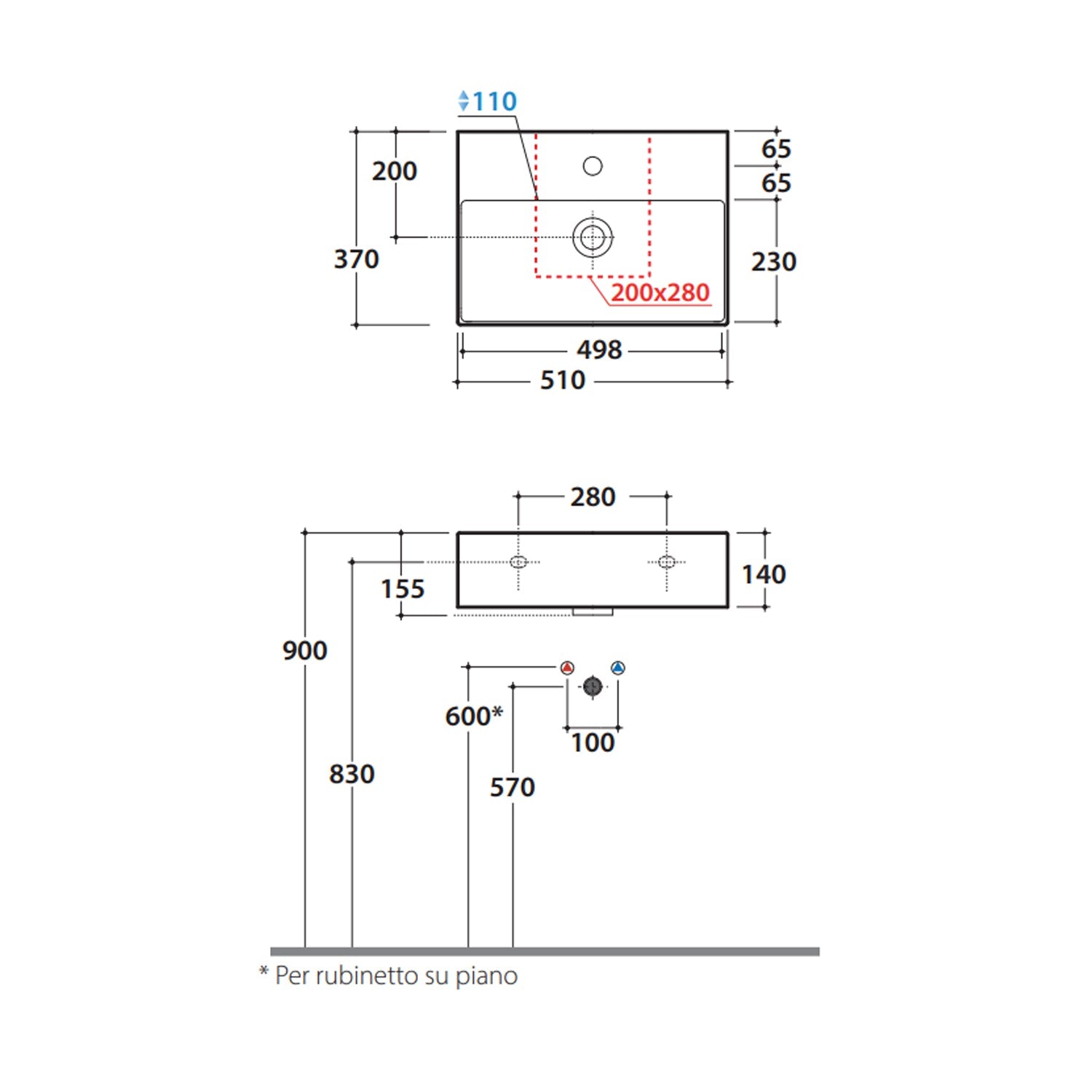 Lavabo da appoggio o sospeso T-Edge 65x37 cm Ceramica Globo - Bianco lucido