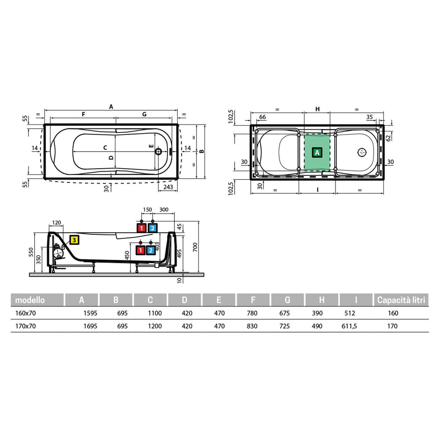  Vasca da bagno rettangolare idromassaggio modello Marea cm 170x70 by CeramicStore | Lo specialista del tuo bagno