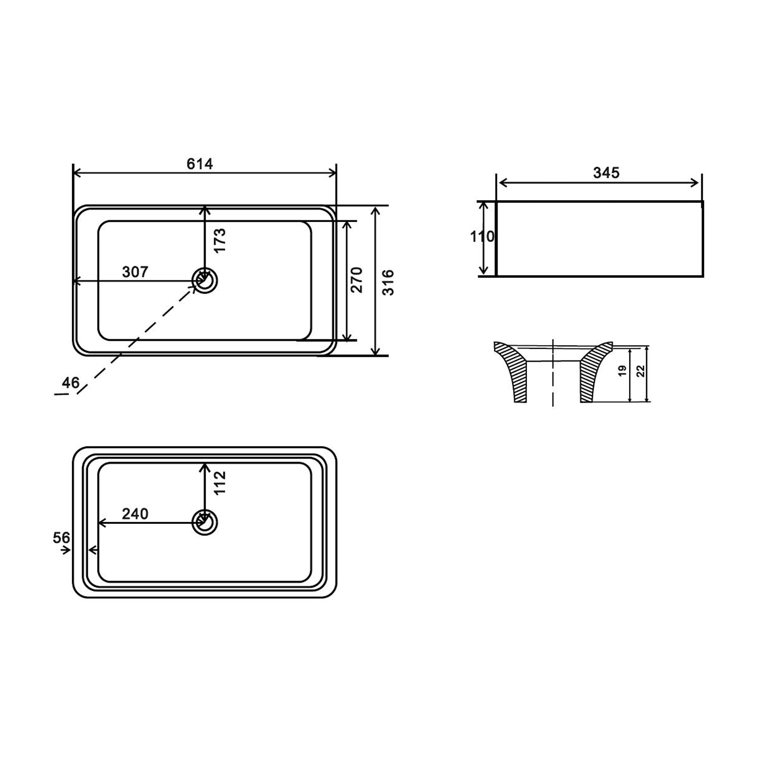 Lavabo da appoggio quadrato BathCore senza troppo pieno e piletta 62x32 cm - Nero Opaco 2