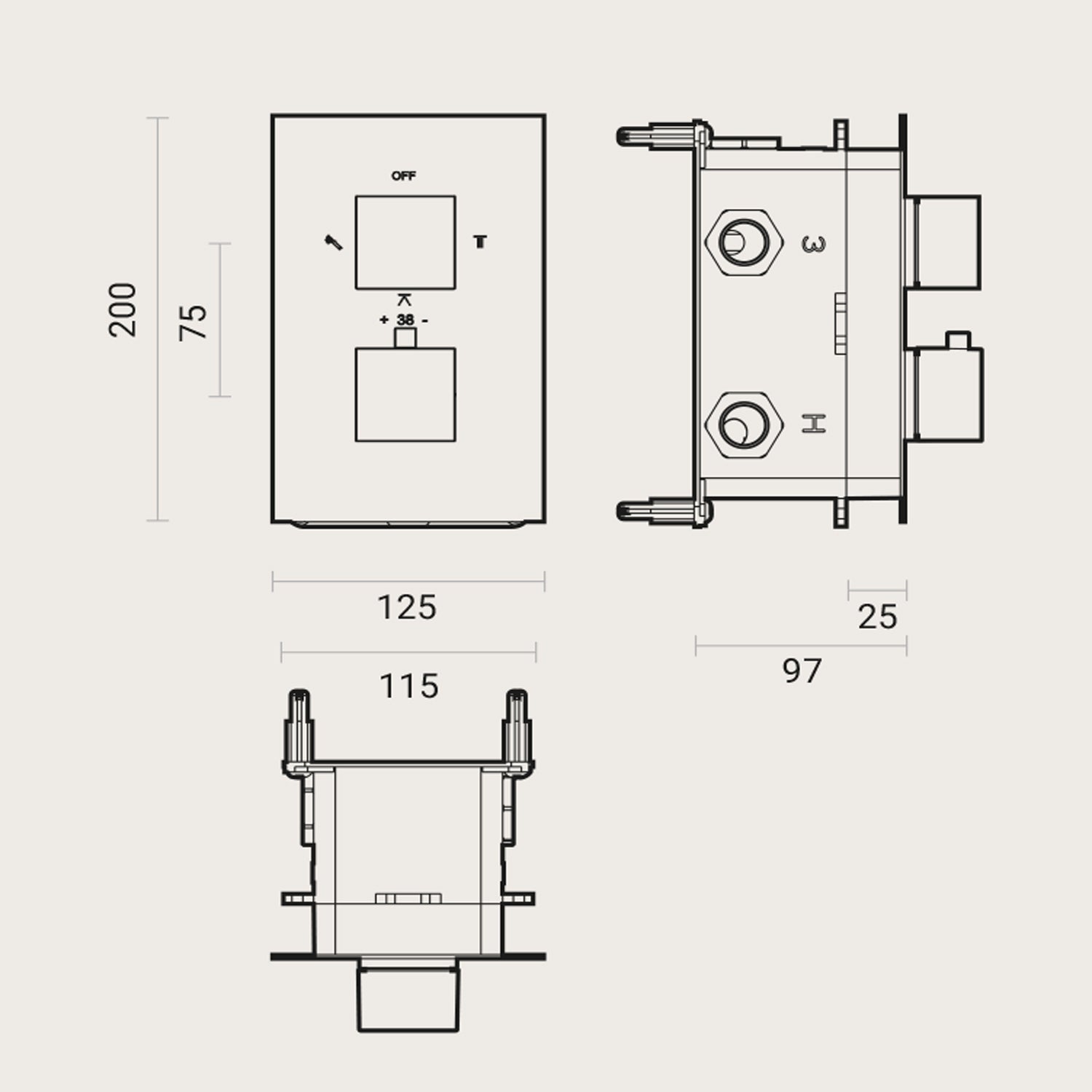 Miscelatore doccia termostatico ad incasso Rubiflux mod. 'Q' in ottone con deviatore 3-2 vie 2