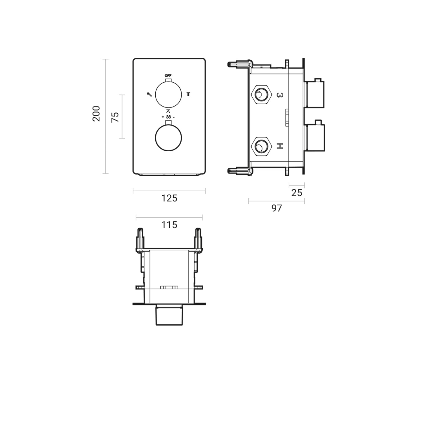 Miscelatore doccia termostatico ad incasso Rubiflux  mod. 'T' in ottone con deviatore 3-2 vie 2