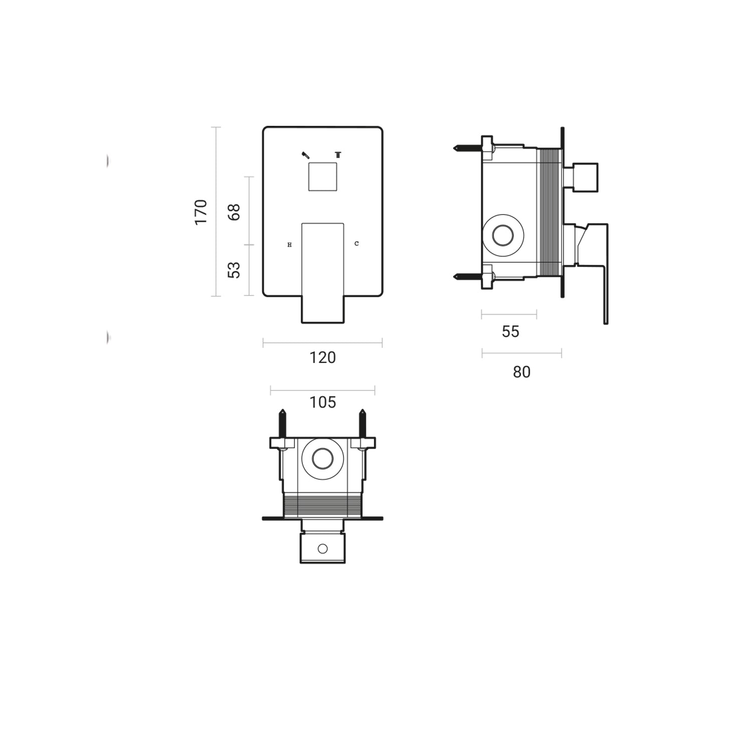 Miscelatore doccia meccanico ad incasso mod. 'Q' in ottone con deviatore 2 vie 2