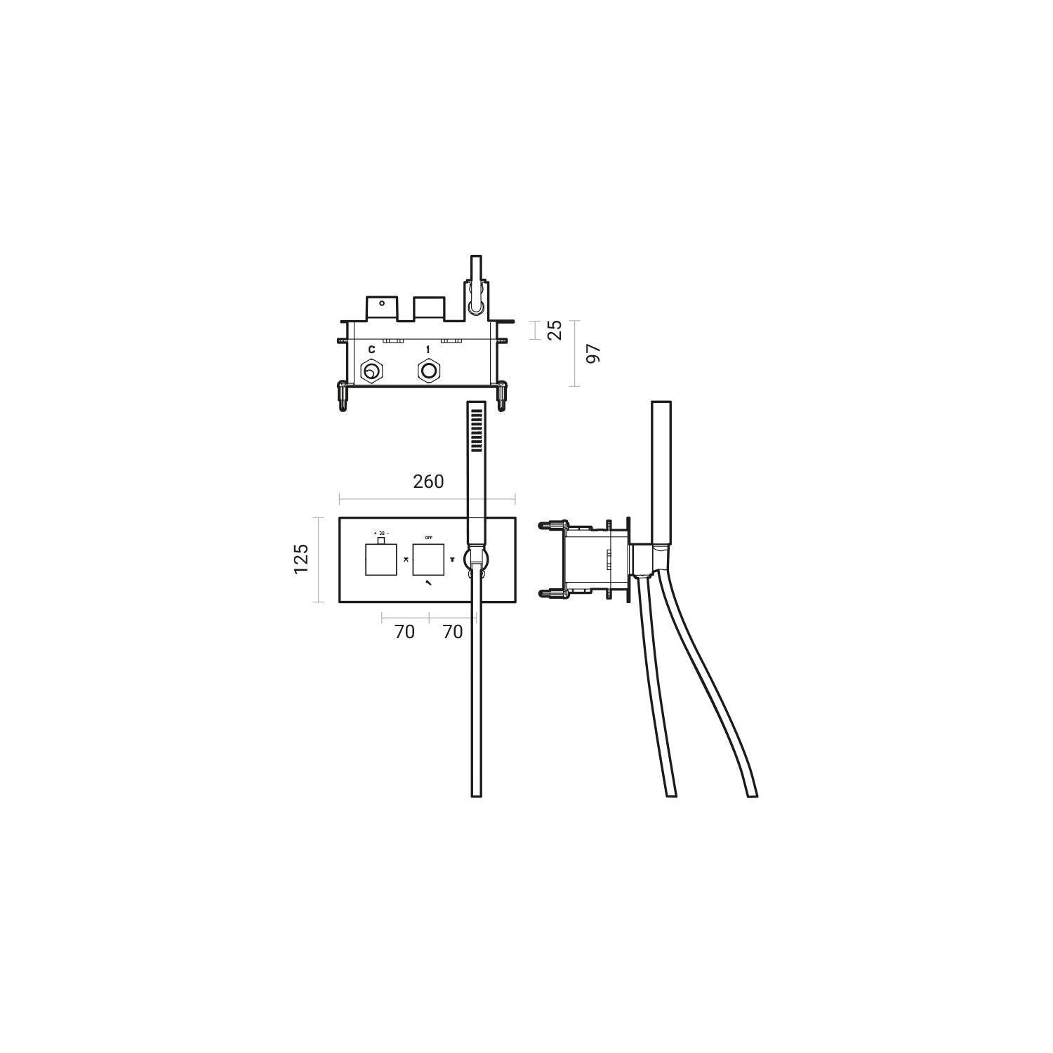 Miscelatore termostatico ad incasso con set doccia mod. 'Q' in ottone con deviatore 3-2 vie 2