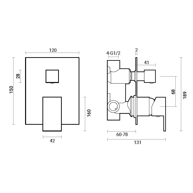Miscelatore doccia incasso Rubiflux modello  Square Carbon con deviatore 2 vie ottone nero opaco 2