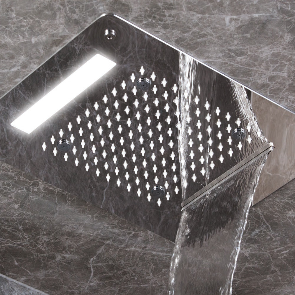 Soffione doccia rettangolare ad incasso 35x45 cm a 3 vie in acciaio inox 304 con cromoterapia