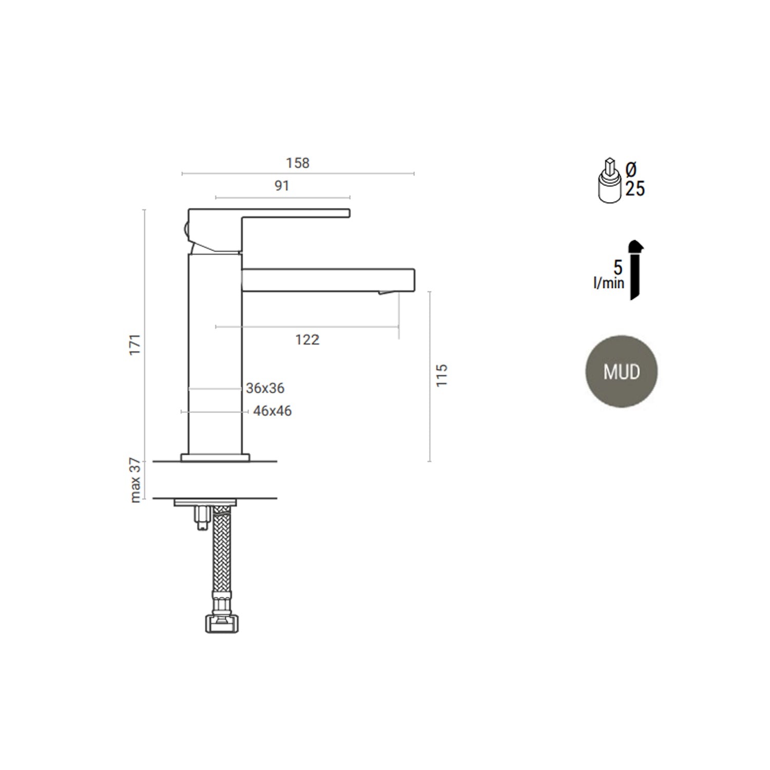 Miscelatore lavabo monocomando RubiFlux Square Mud con piletta di scarico click-clack - Grigio Fango 2