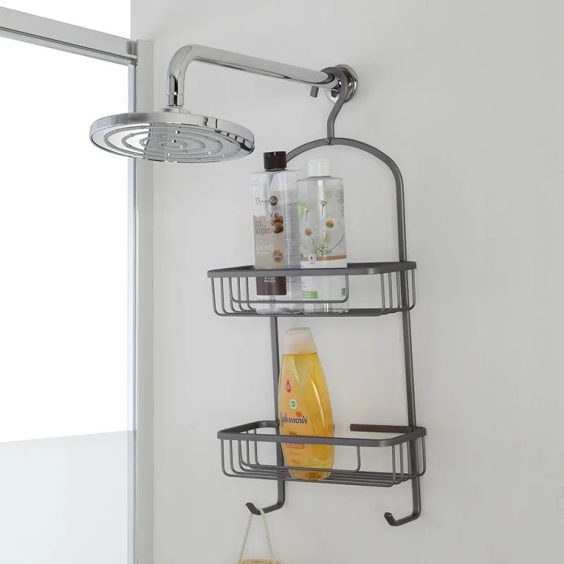 Portaoggetti doccia rettangolare 2 ripiani con ganci in acciaio Bathcore- Grigio scuro opaco 2