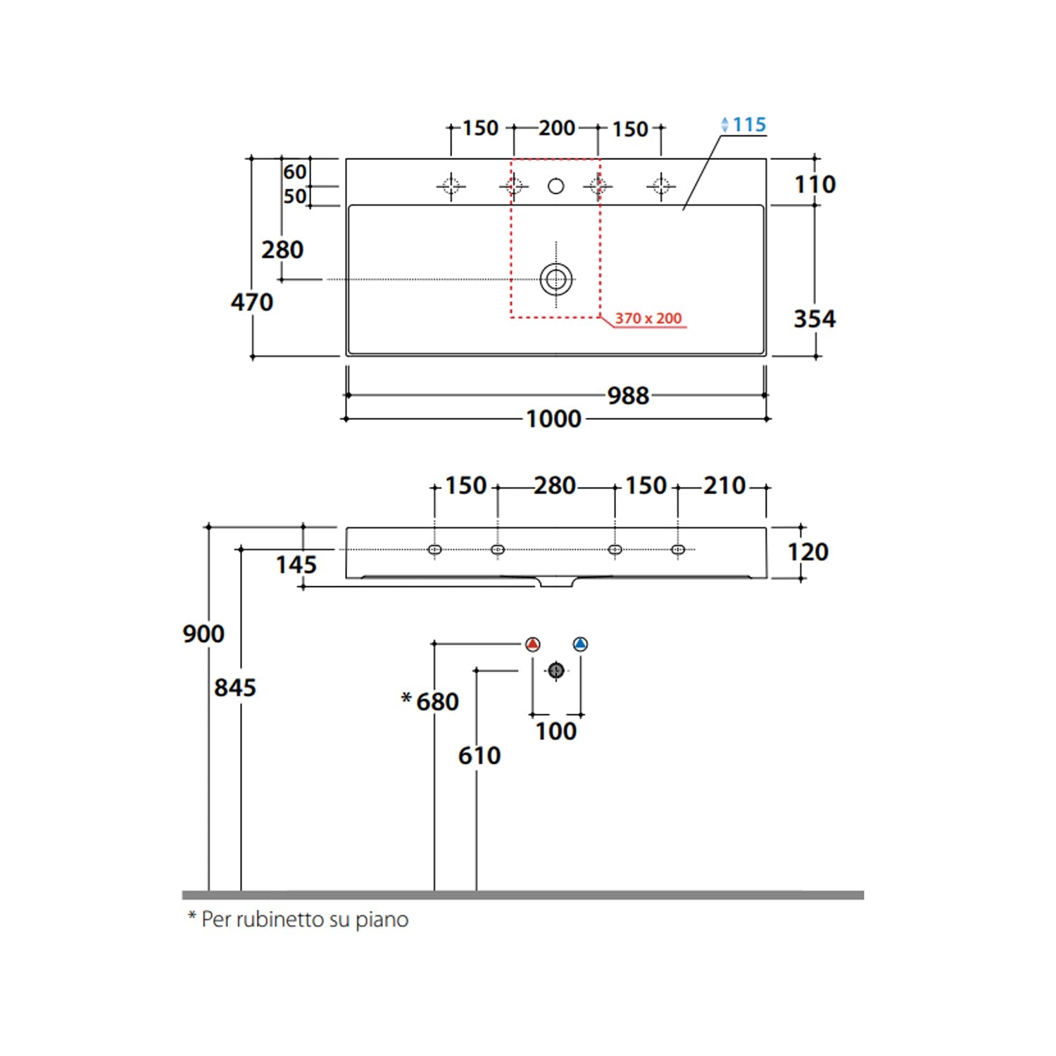  Lavabo rettangolare T-Edge 100x47x12 cm Ceramica Globo €“ Bianco lucido