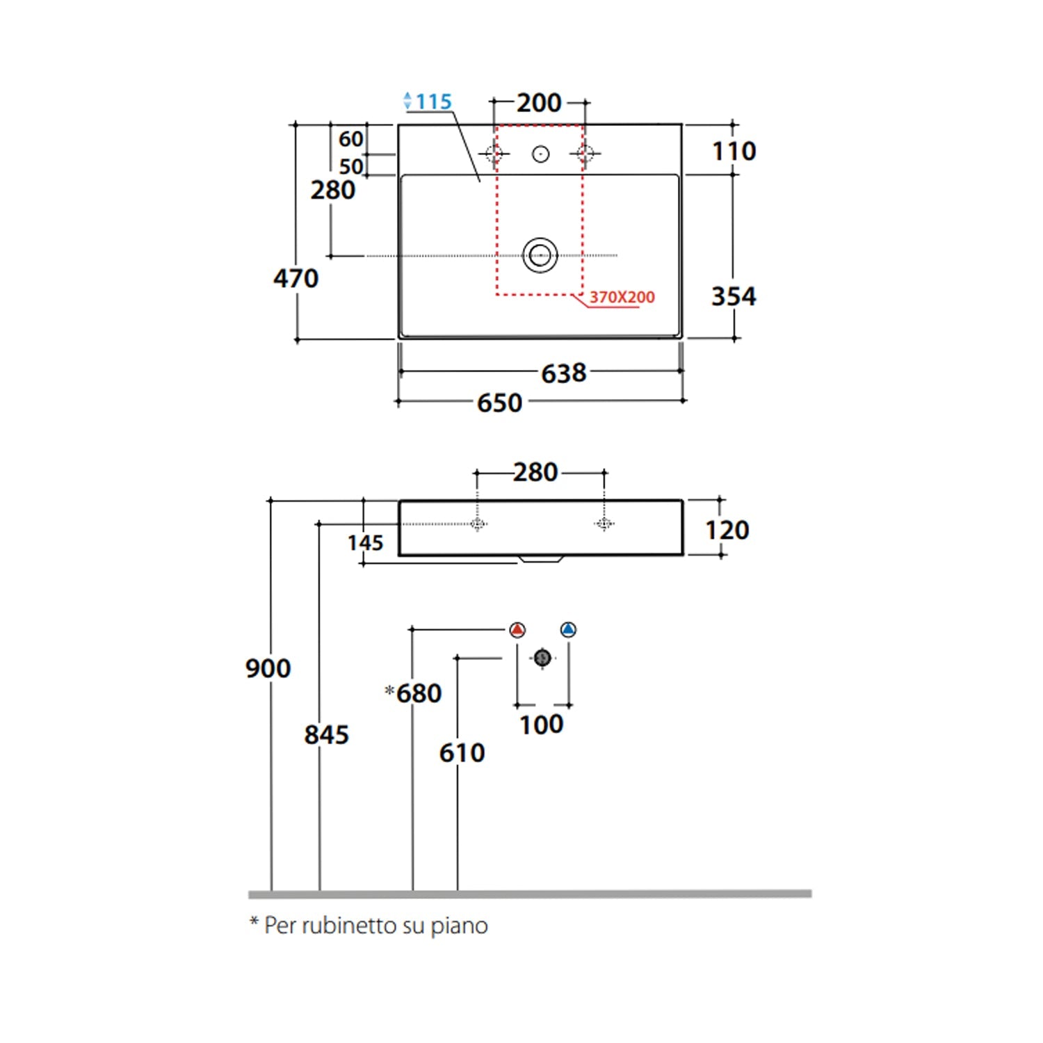  Lavabo rettangolare T-Edge 65x47x12 cm Ceramica Globo €“ Bianco lucido
