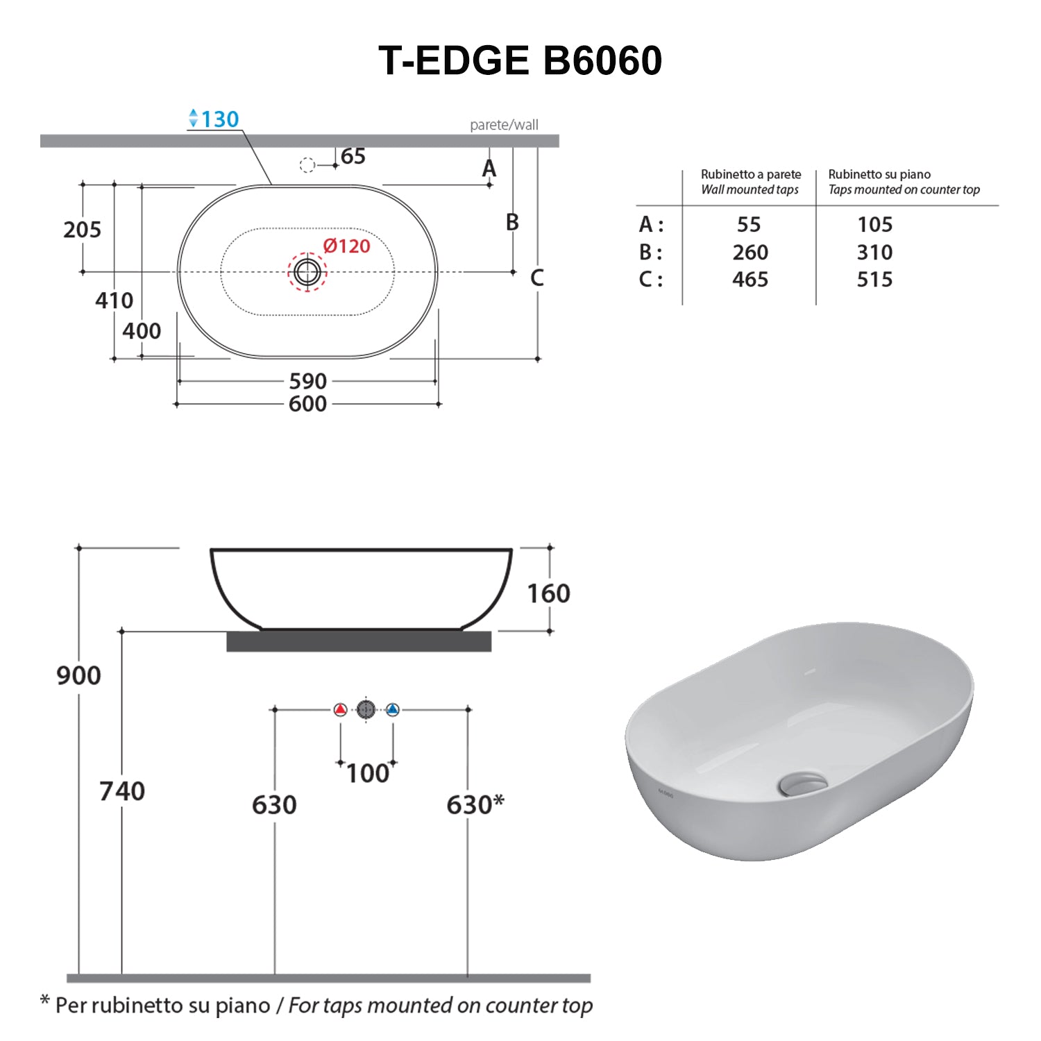  Lavabo d'appoggio Ceramica Globo T-Edge bianco opaco 60x41 h. 16 cm