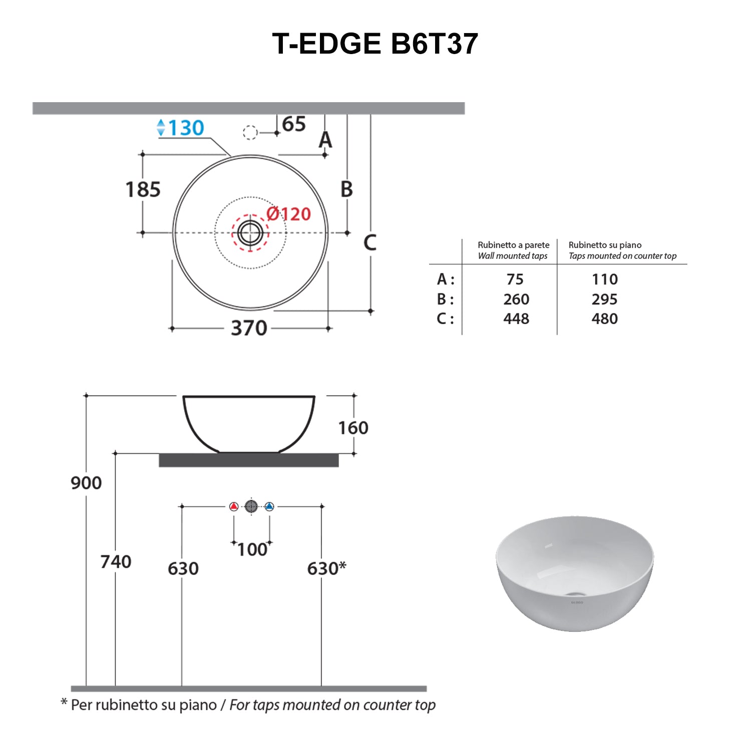  Lavabo d'appoggio bianco opaco Ceramica Globo T- Edge à˜ 37 h.16 cm