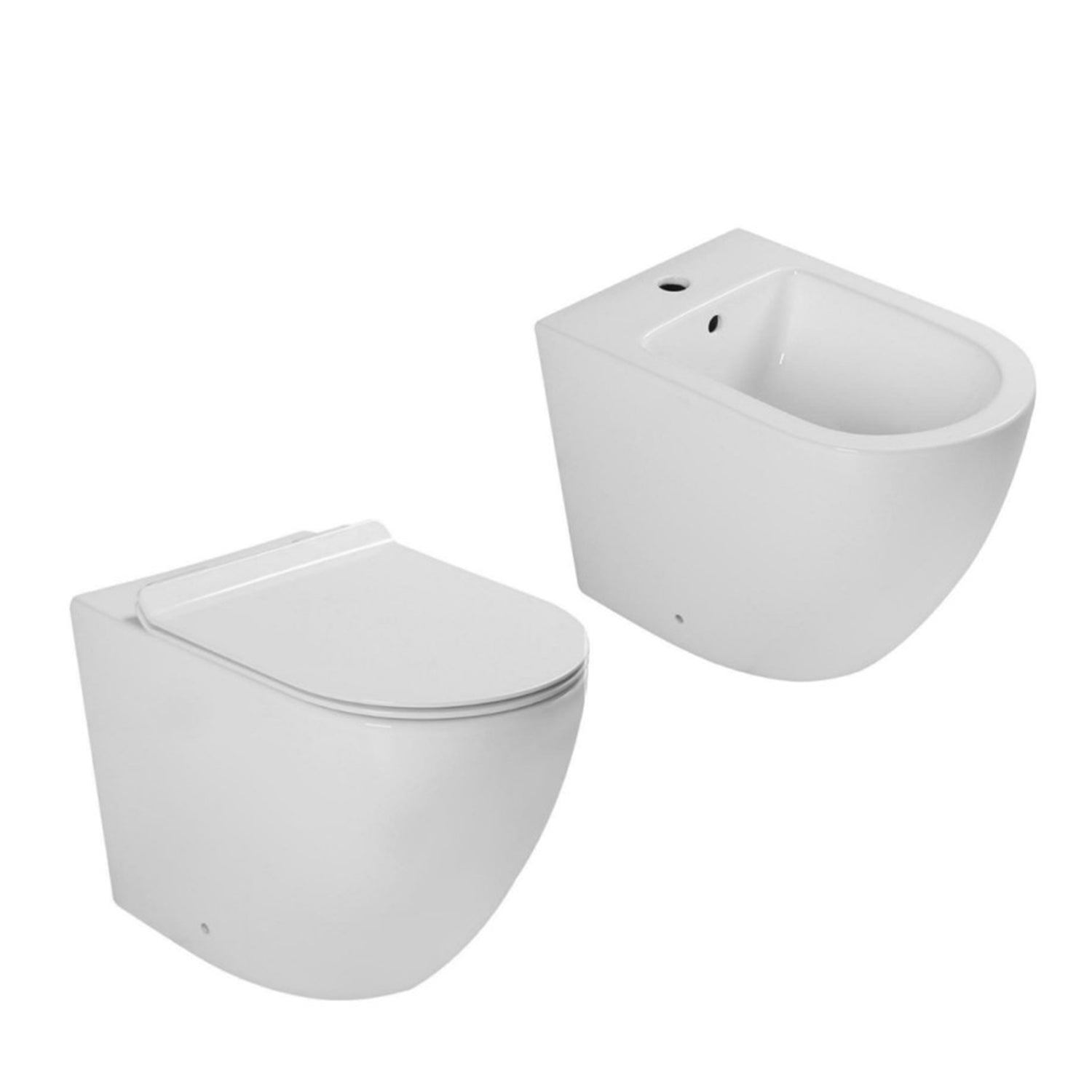  Coppia sanitari a terra filomuro Bathcore con copriwater incluso - serie Aura