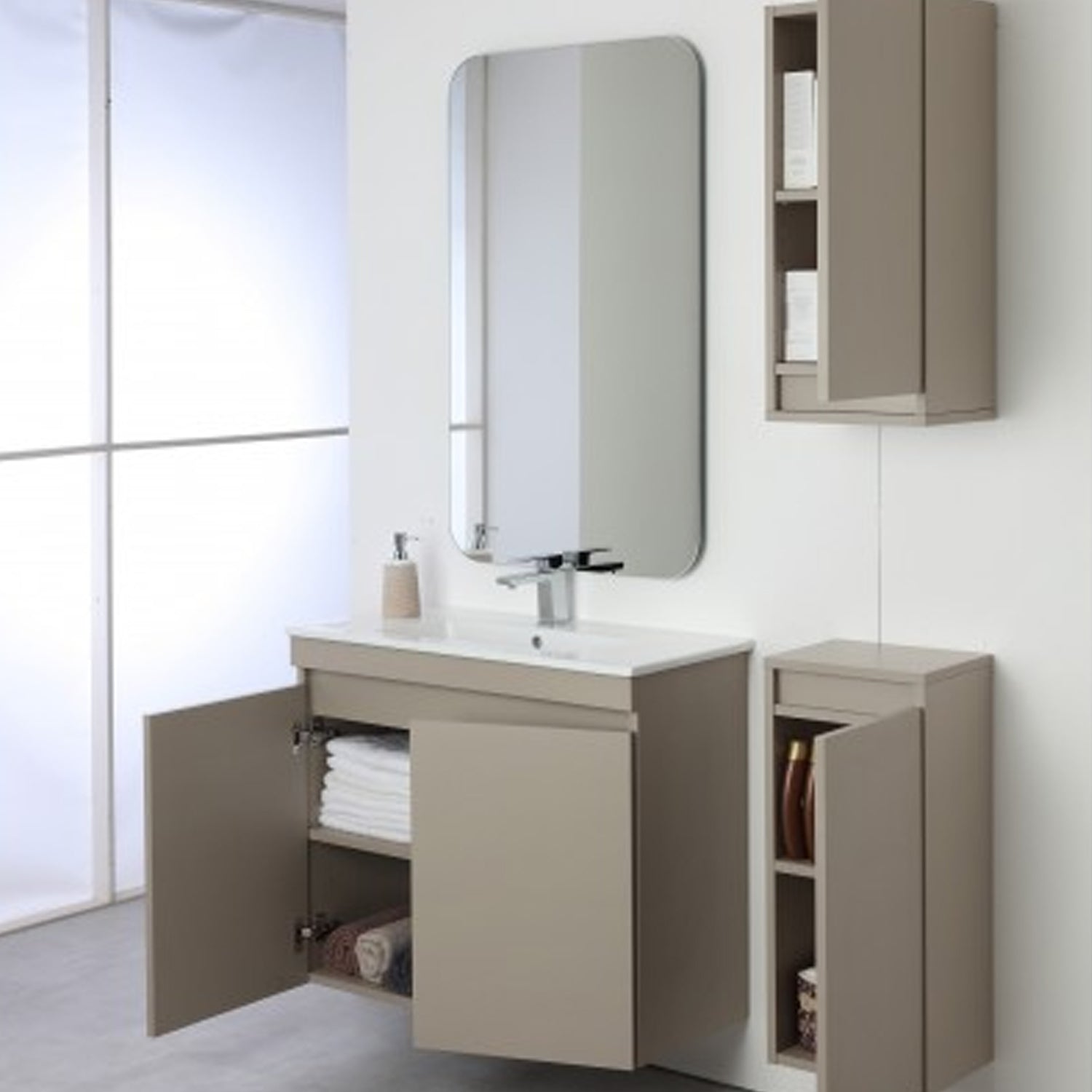 Composizione bagno sospesa Cubi&Co Shade a due ante con lavabo e specchio cm 80 - Tortora 3