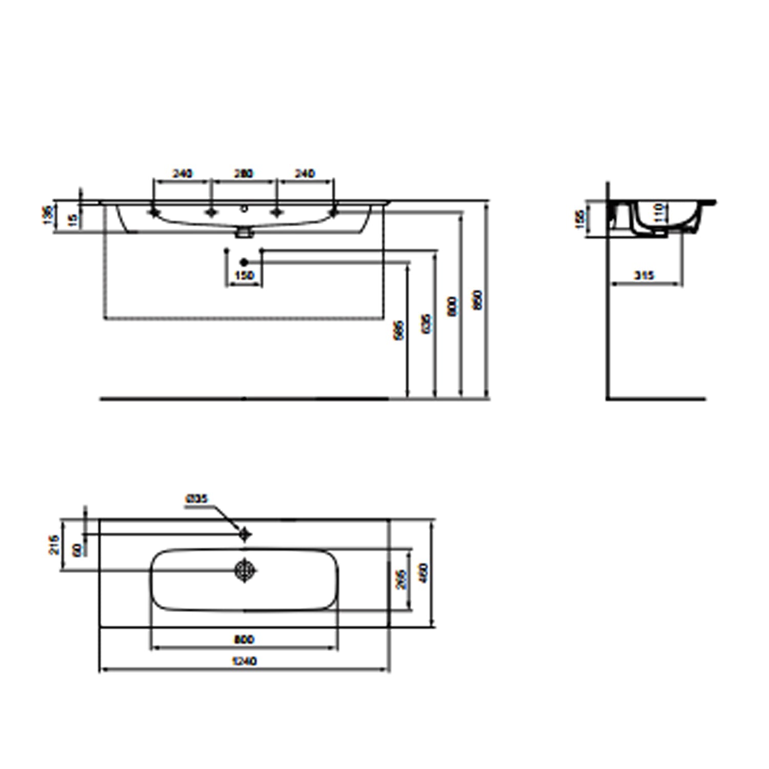 Lavabo top Ideal Standard i.life A 124×46 cm con foro miscelatore 3
