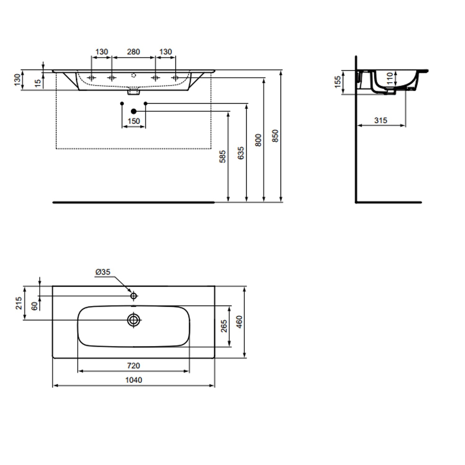 Lavabo top Ideal Standard i.life A 104×46 cm con foro miscelatore 3