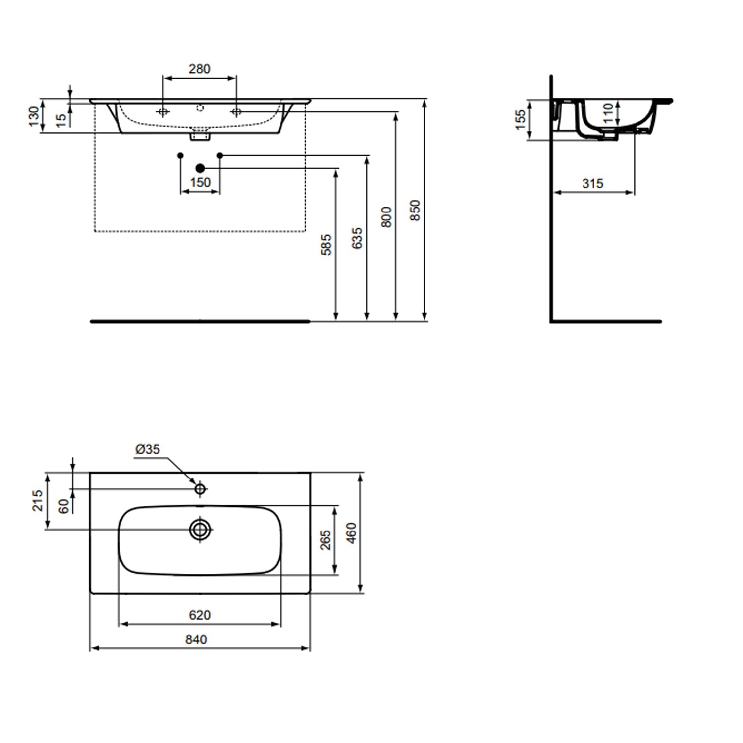 Lavabo top Ideal Standard i.life A 84×46 cm con foro miscelatore 3