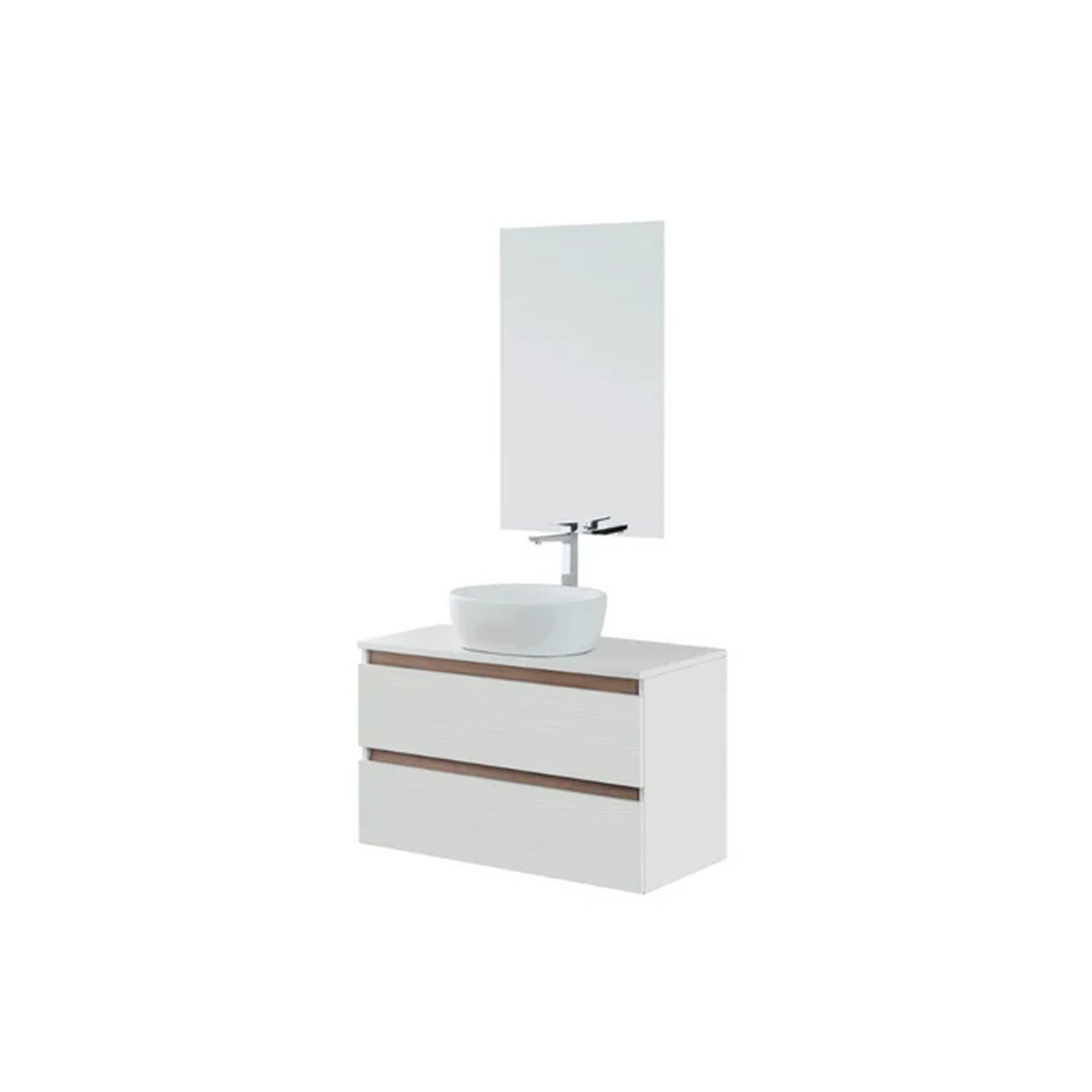 900275 - Composizione Bagno Sospesa Lunghezza 80 cm con Lavabo in Appoggio e Cassetti Soft-Close  Collezione Revival Cubi&co - Bianco Frassinato