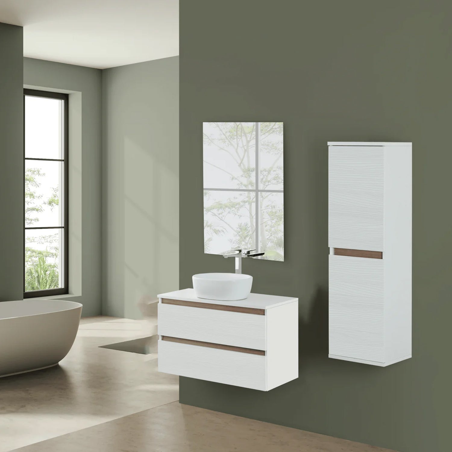 900275 - Composizione Bagno Sospesa Lunghezza 80 cm con Lavabo in Appoggio e Cassetti Soft-Close  Collezione Revival Cubi&co - Bianco Frassinato 4