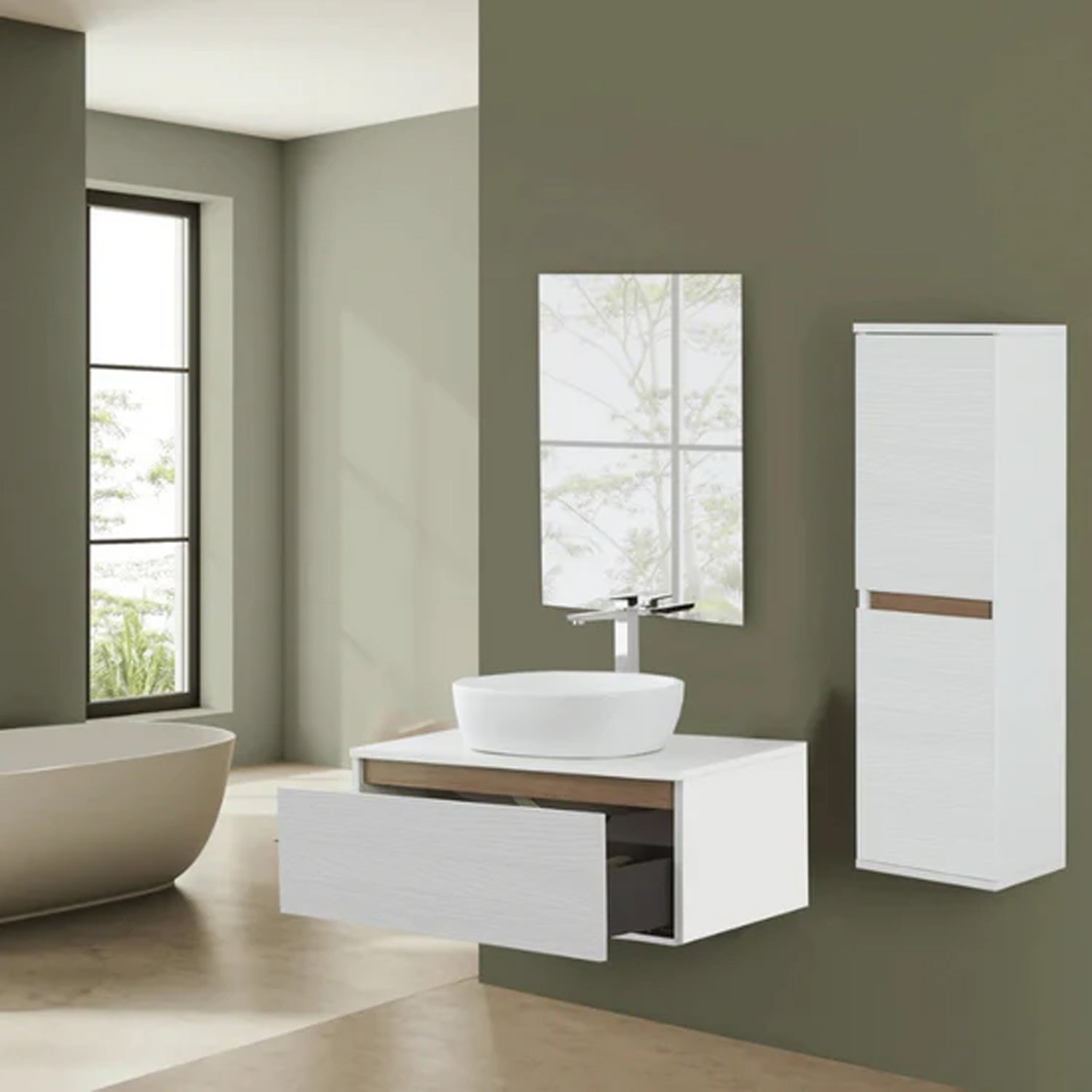 900277 - Composizione Bagno Sospesa Lunghezza 80 cm con Lavabo in Appoggio  Collezione Revival Cubi&Co - Bianco Frassinato 4