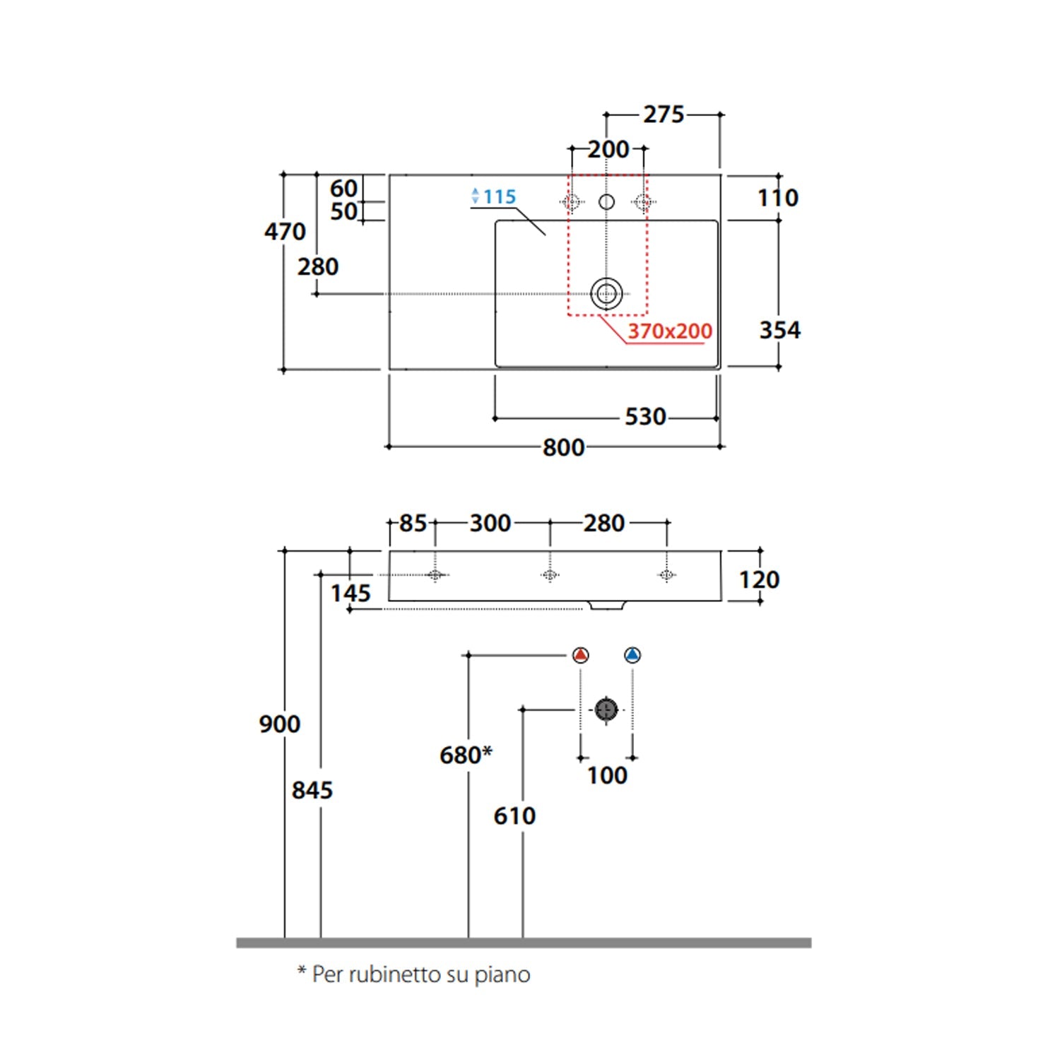  Lavabo rettangolare con piano a sinistra T-Edge 80x47x12 cm Ceramica Globo €“ Bianco lucido