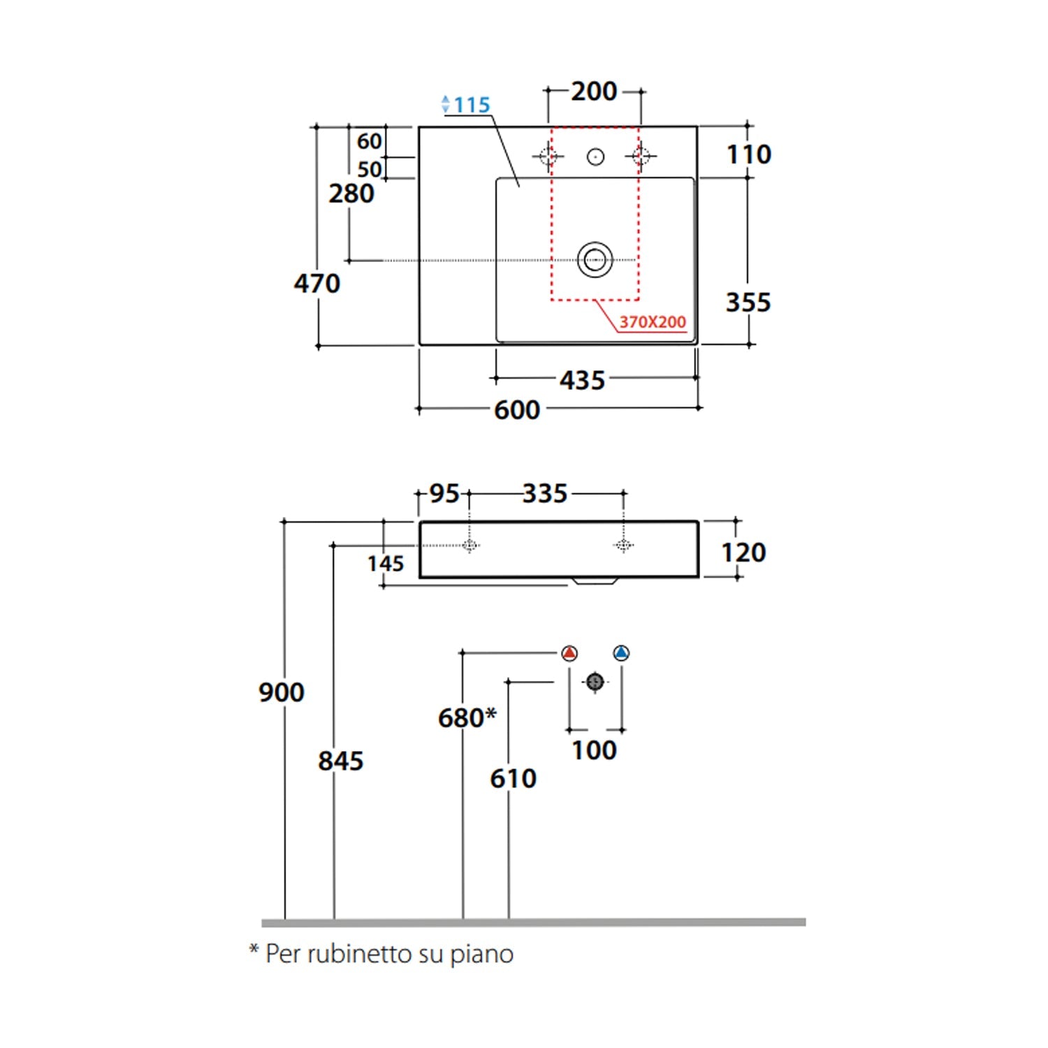  Lavabo rettangolare con piano a sinistra T-Edge 60x47x12 cm Ceramica Globo €“ Bianco lucido