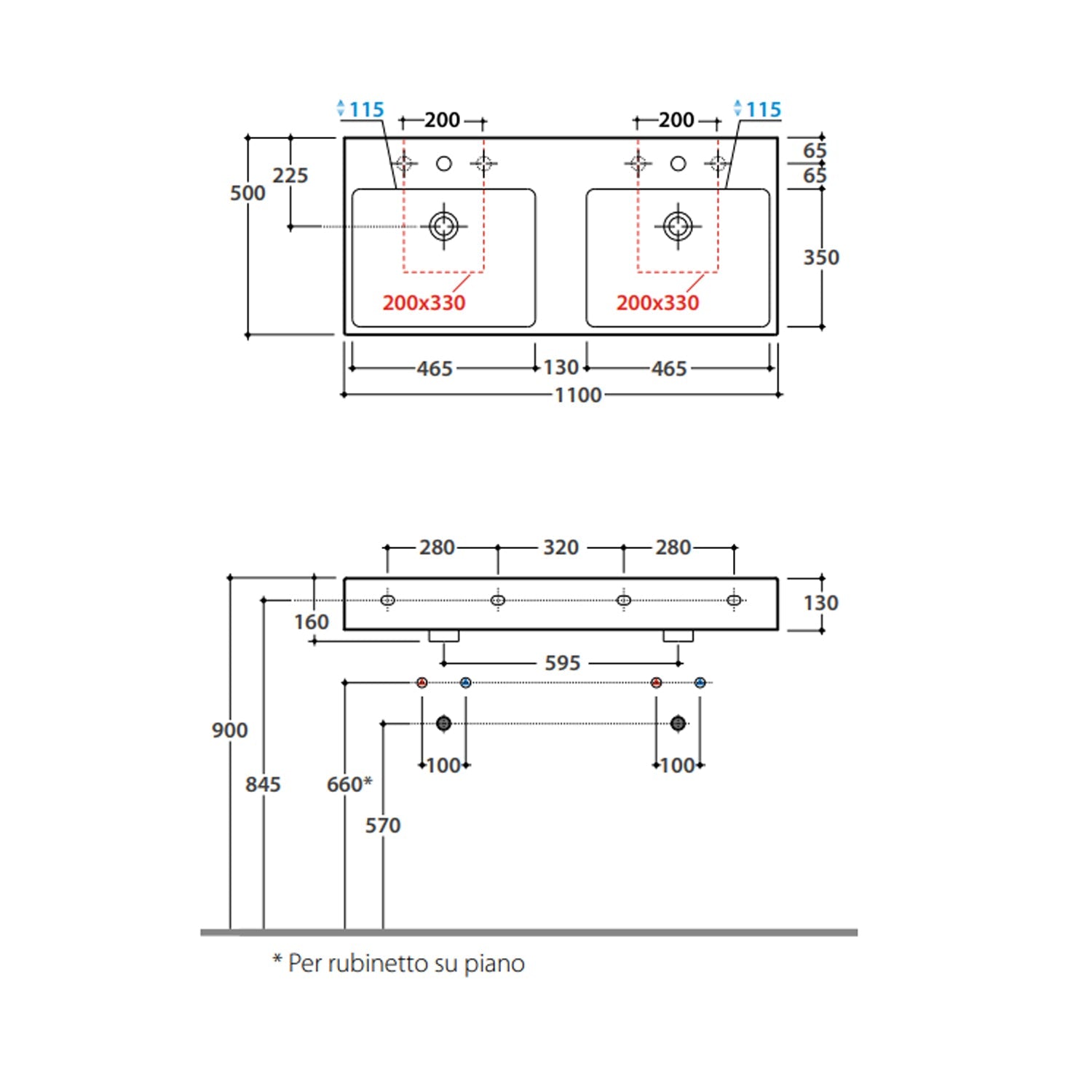  Lavabo doppia vasca Stone 110x50x13 cm Ceramica Globo €“ Bianco lucido