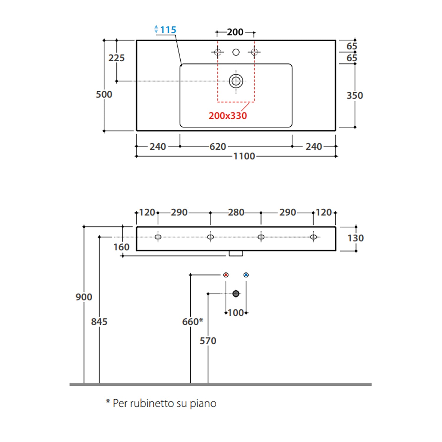  Lavabo rettangolare con piani laterali Stone 110x50x13 cm Ceramica Globo €“ Bianco lucido