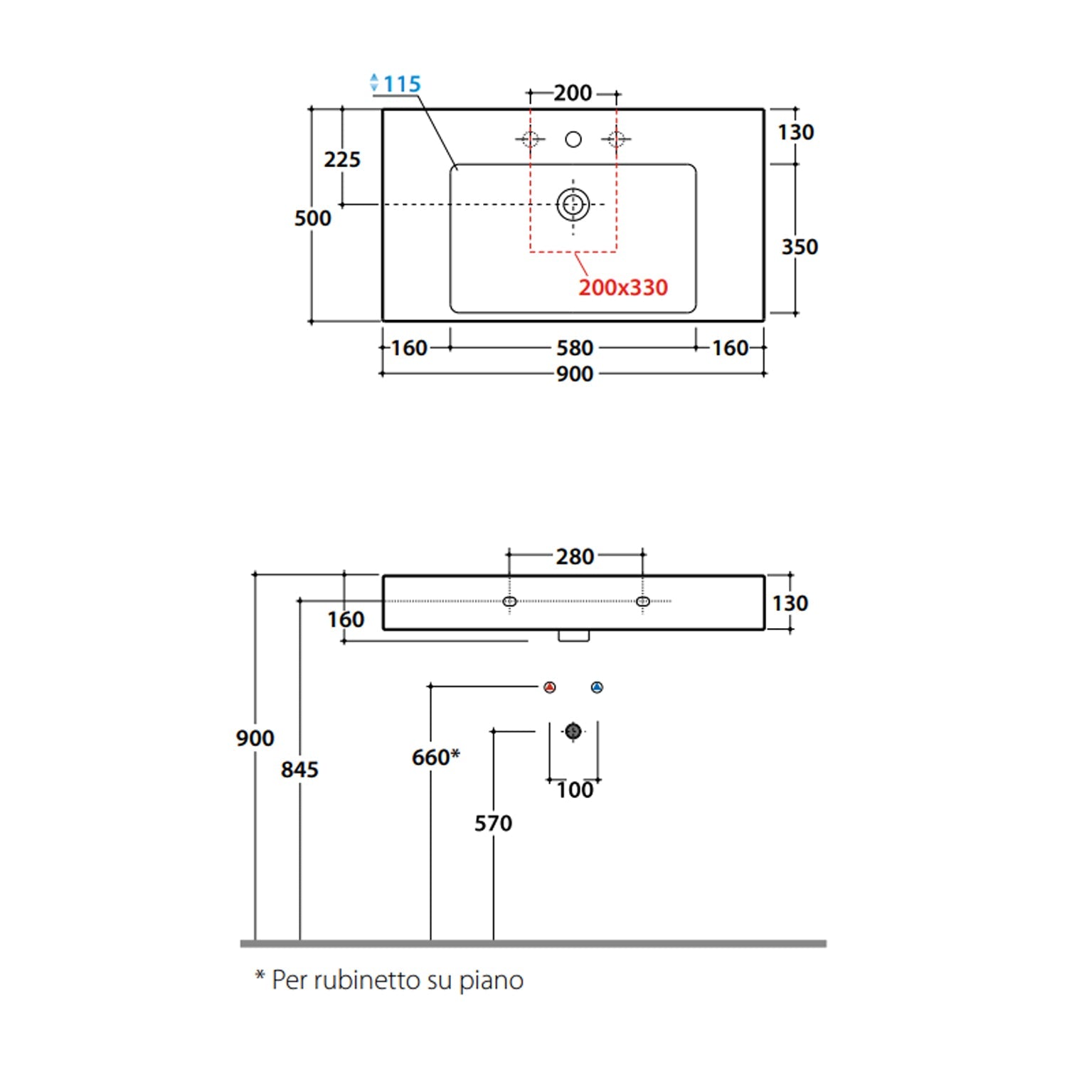  Lavabo rettangolare con piani laterali Stone 90x50x13 cm Ceramica Globo €“ Bianco lucido
