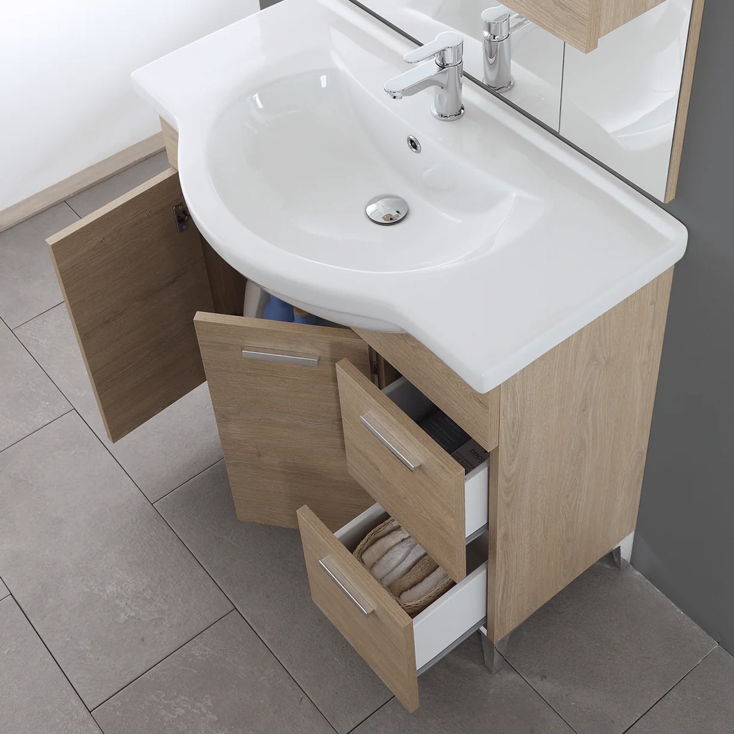799304 - Mobile bagno con due ante, due cassetti e specchio con pensile Serie Star Cubi&co - Rovere dolomite 2
