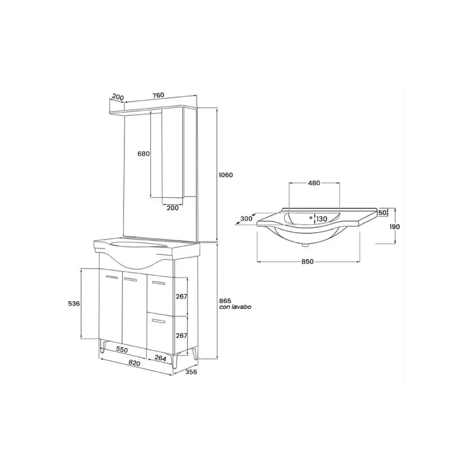 799304 - Mobile bagno con due ante, due cassetti e specchio con pensile Serie Star Cubi&co - Rovere dolomite 3