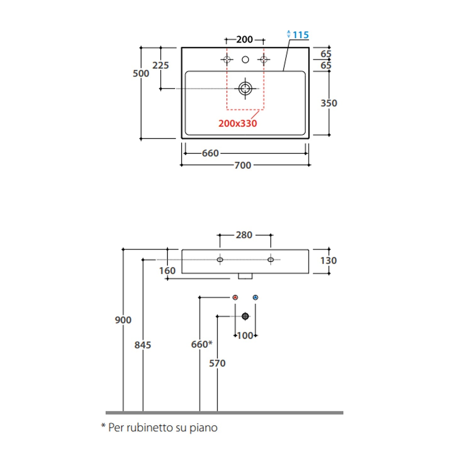  Lavabo rettangolare Stone 70x50x13 cm Ceramica Globo €“ Bianco lucido