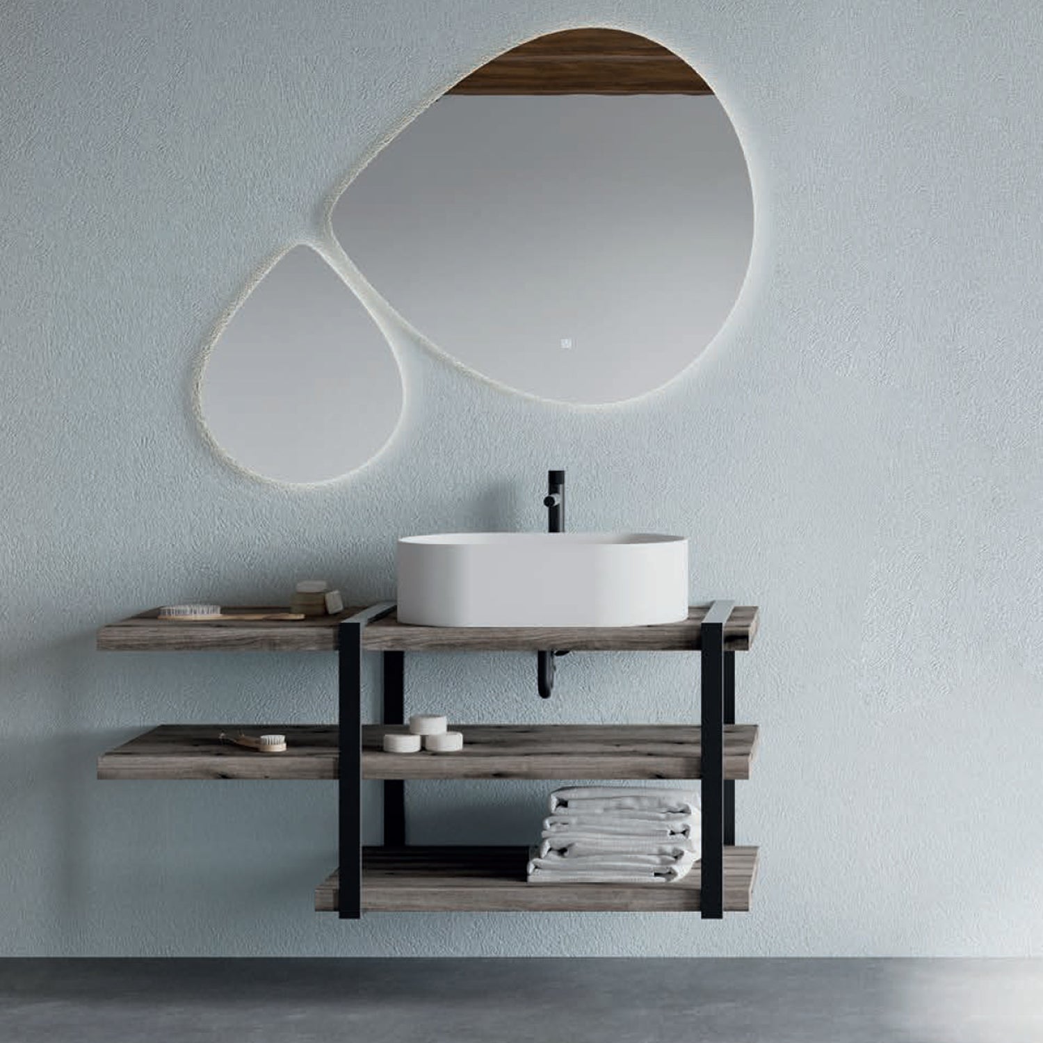 Mobile bagno sospeso con lavabo d'appoggio e doppio specchio led con mensole rovere fossile Cubi&Co Destiny 11 by CeramicStore | Lo specialista del tuo bagno