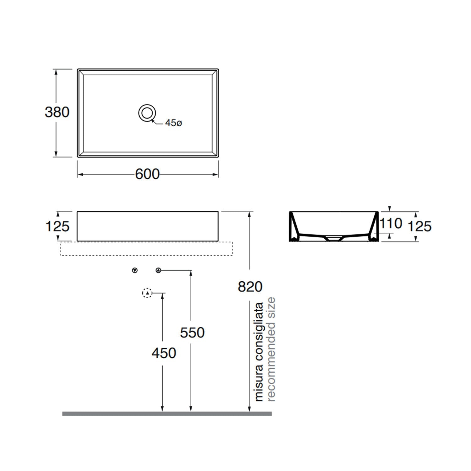  Lavabo da appoggio 60x38 cm Ceramica Azzurra Elegance Squared Bianco Lucido