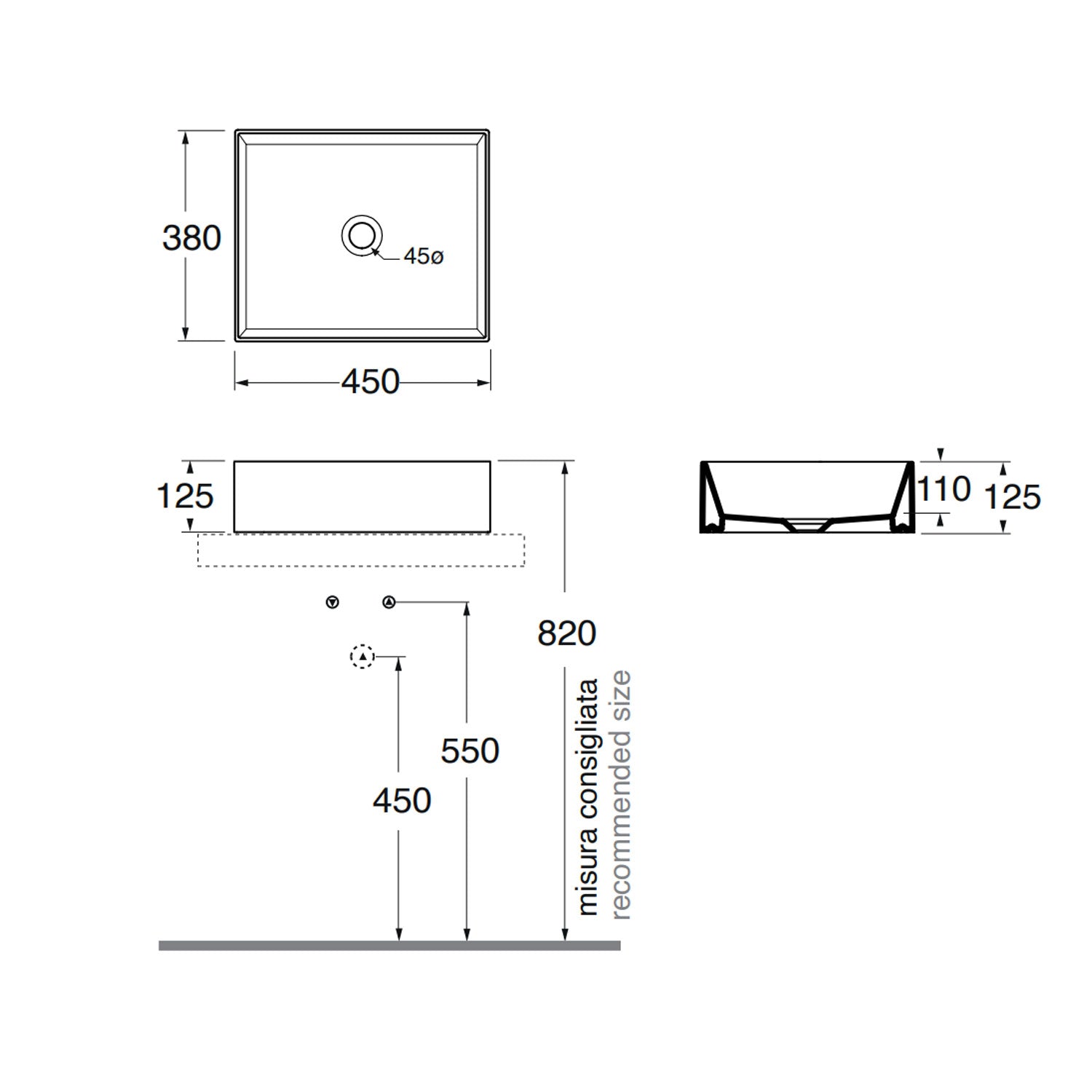  Lavabo da appoggio 45x38 cm Ceramica Azzurra Elegance Squared Bianco Lucido