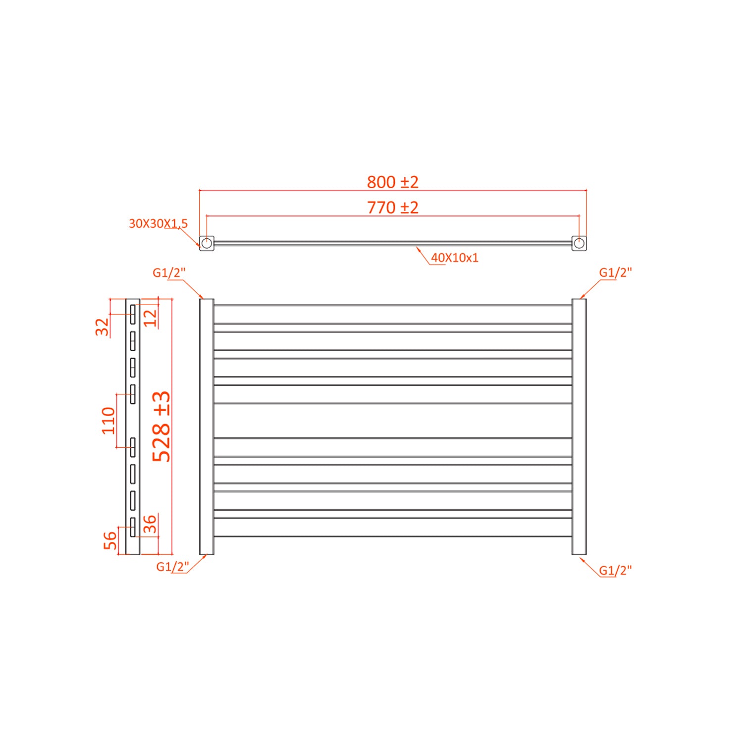 Termoarredo Planar orizzontale H 528 x Int. 770 mm - Bianco 2