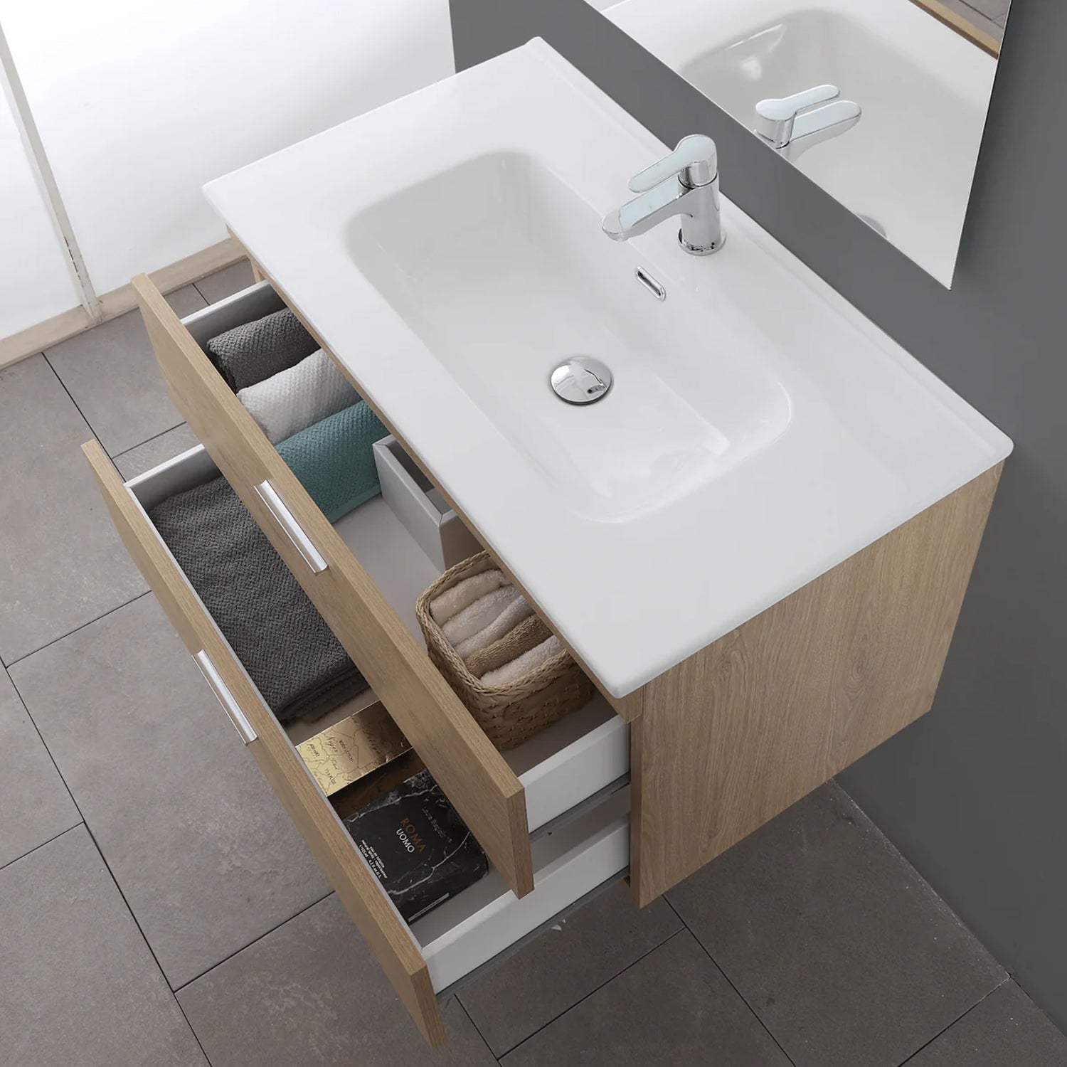 Composizione Bagno Sospesa 80 cm con Consolle in Ceramica e Cassetti Slow Motion Collezione Star Cubi&co - Rovere Dolomite 2