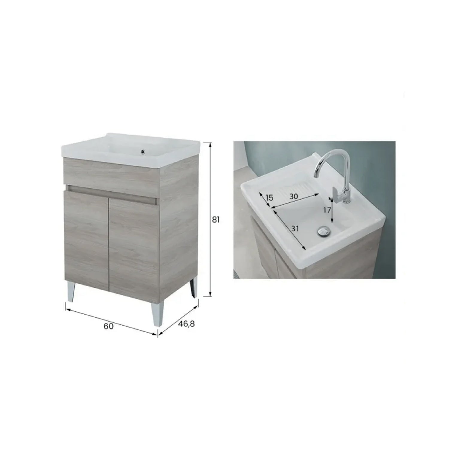 900341 - Lavatoio da Bagno 60 cm con Vasca in Ceramica Collezione Aurora Bathcore - Rovere Grigio 2
