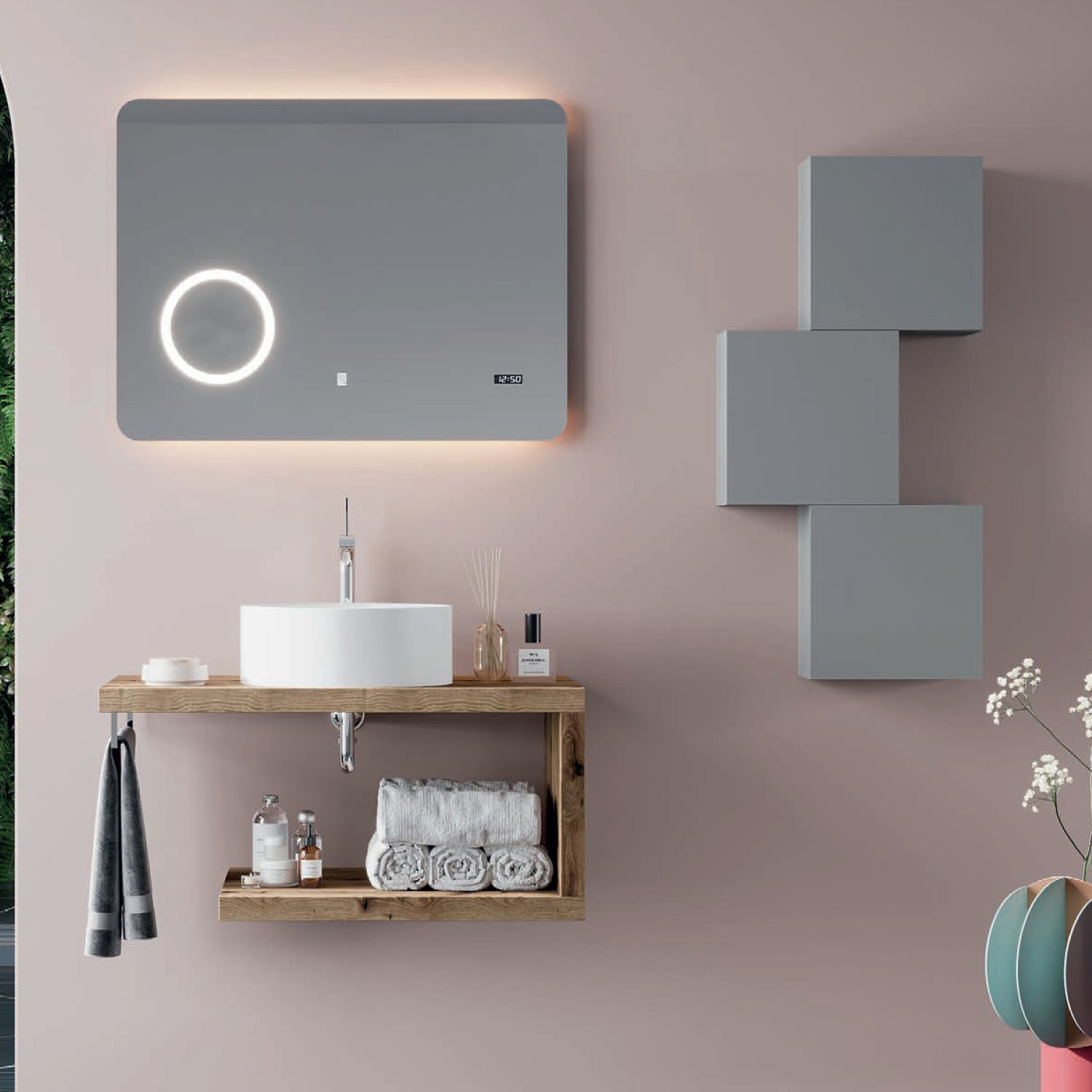  Mobile bagno a giorno con lavabo d'appoggio in ceramica e specchio touch cm 80 rovere naturale- Cubi&Co modello Destiny 1 by CeramicStore | Lo specialista del tuo bagno