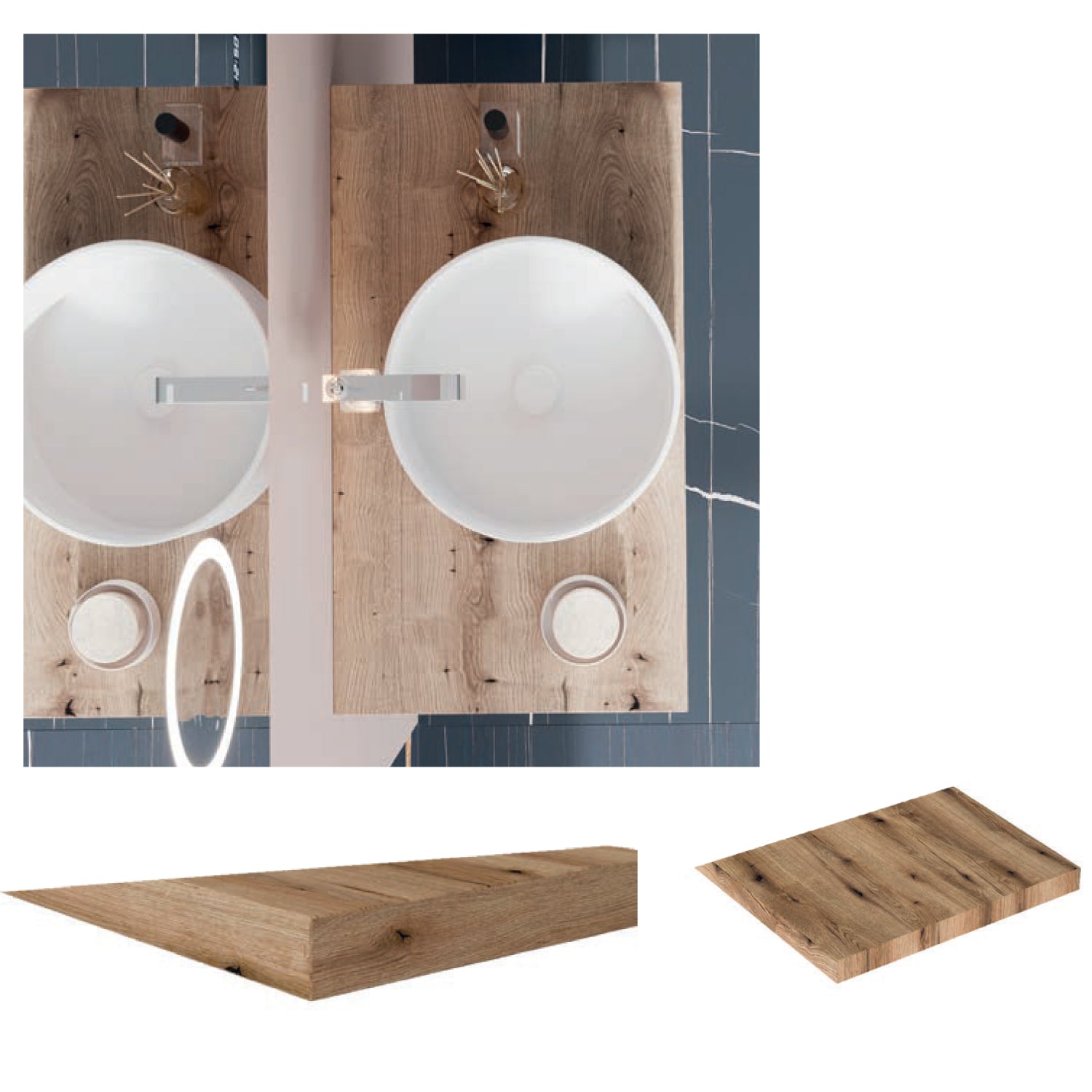  Mobile bagno a giorno con lavabo d'appoggio in ceramica e specchio touch cm 80 rovere naturale- Cubi&Co modello Destiny 1 by CeramicStore | Lo specialista del tuo bagno