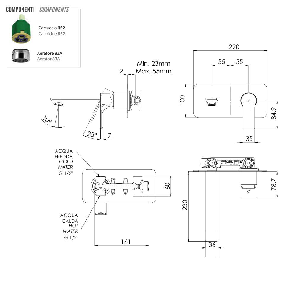  Miscelatore Monocomando Lavabo incasso con bocca da 23 cm cromato senza scarico collezione Energy di Remer Rubinetterie by CeramicStore | Lo specialista del tuo bagno