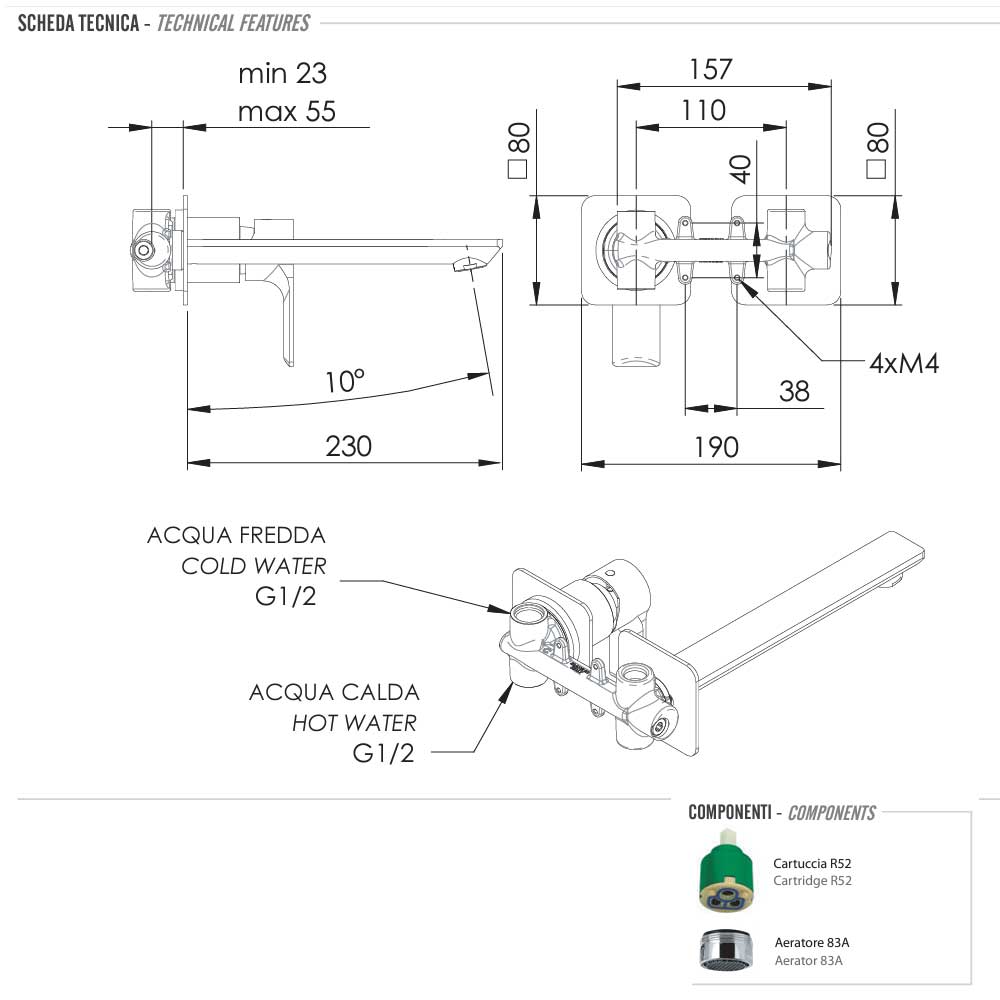  Miscelatore Monocomando Lavabo da incasso con bocca da 23 cm cromato senza scarico collezione Energy di Remer Rubinetterie by CeramicStore | Lo specialista del tuo bagno