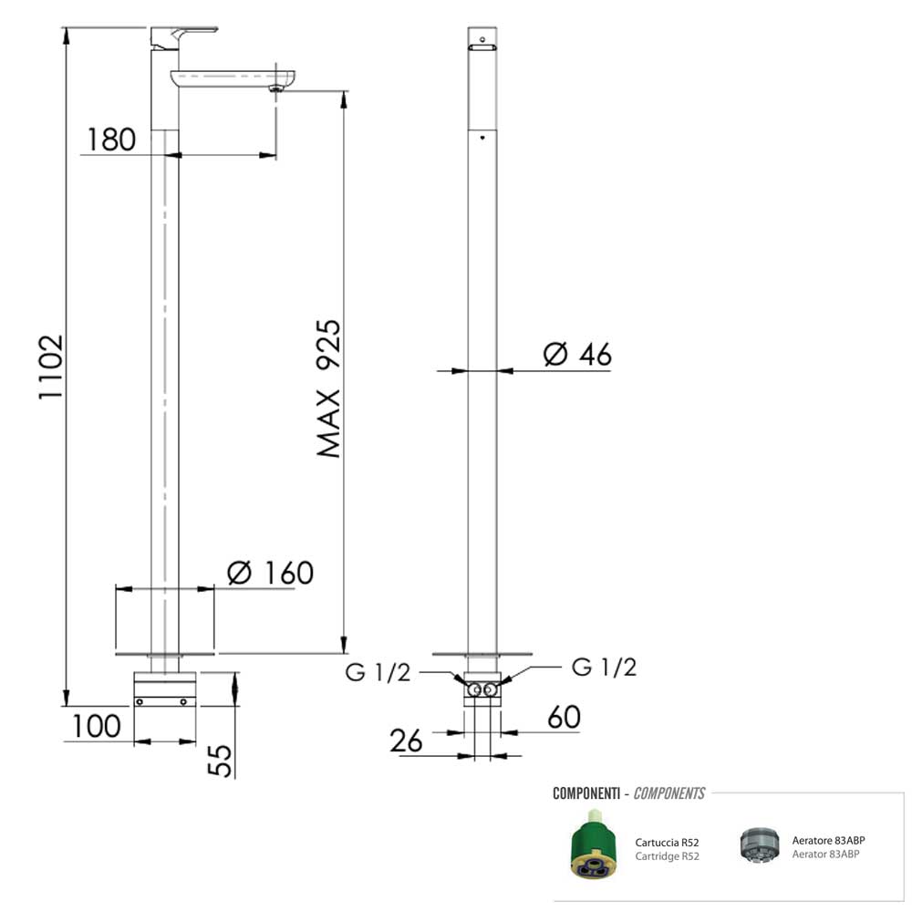  Miscelatore Monocomando Lavabo da Terra cromato con scarico collezione Energy di Remer Rubinetterie by CeramicStore | Lo specialista del tuo bagno