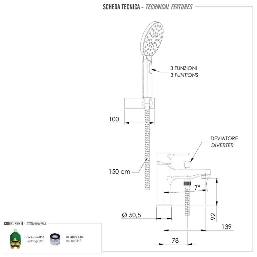  Miscelatore Monocomando Lavabo/Vasca con set doccia e deviatore integrato collezione Energy di Remer Rubinetterie by CeramicStore | Lo specialista del tuo bagno