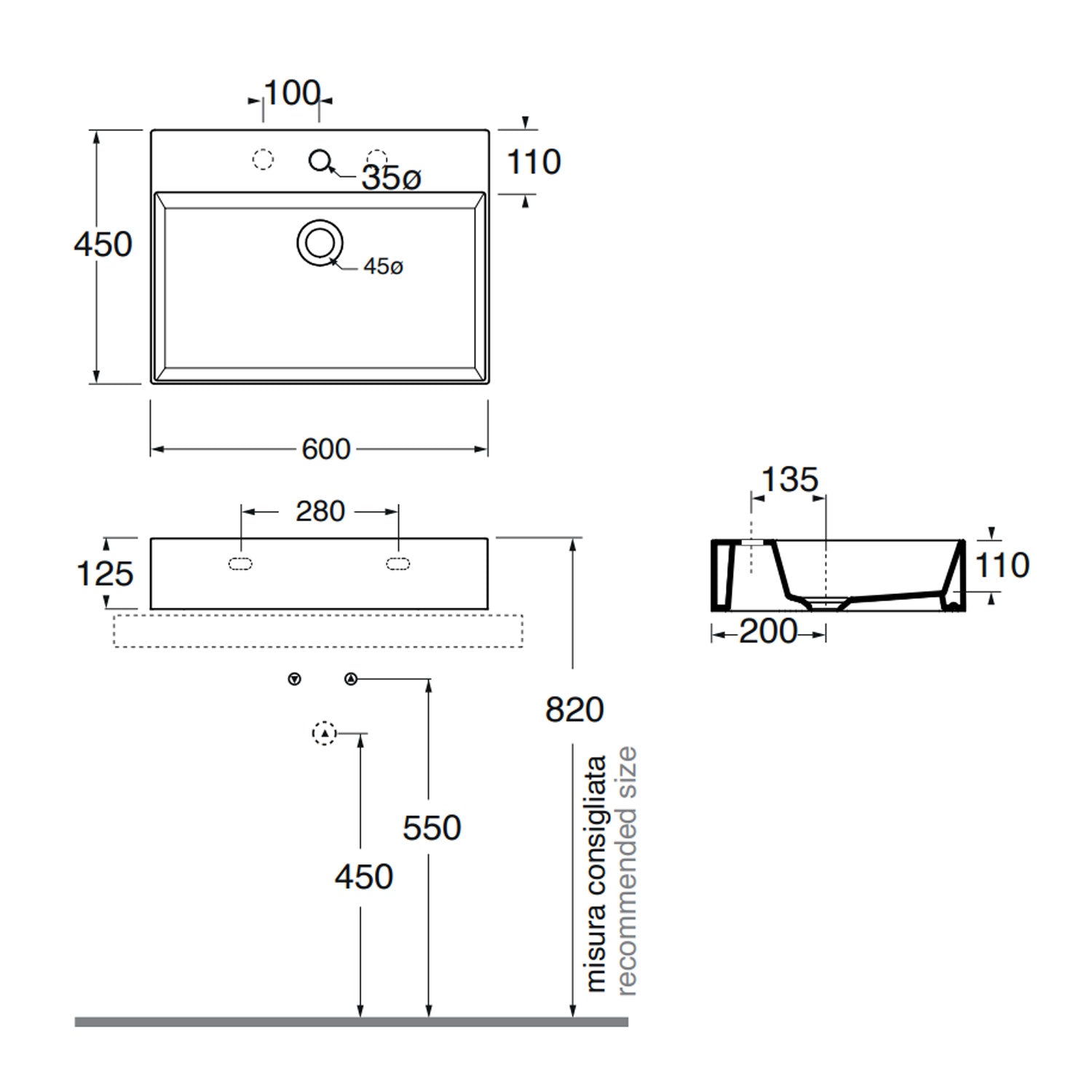  Lavabo da appoggio squadrato Ceramica Azzurra Elegance 60x45 cm con foro - Cotone opaco